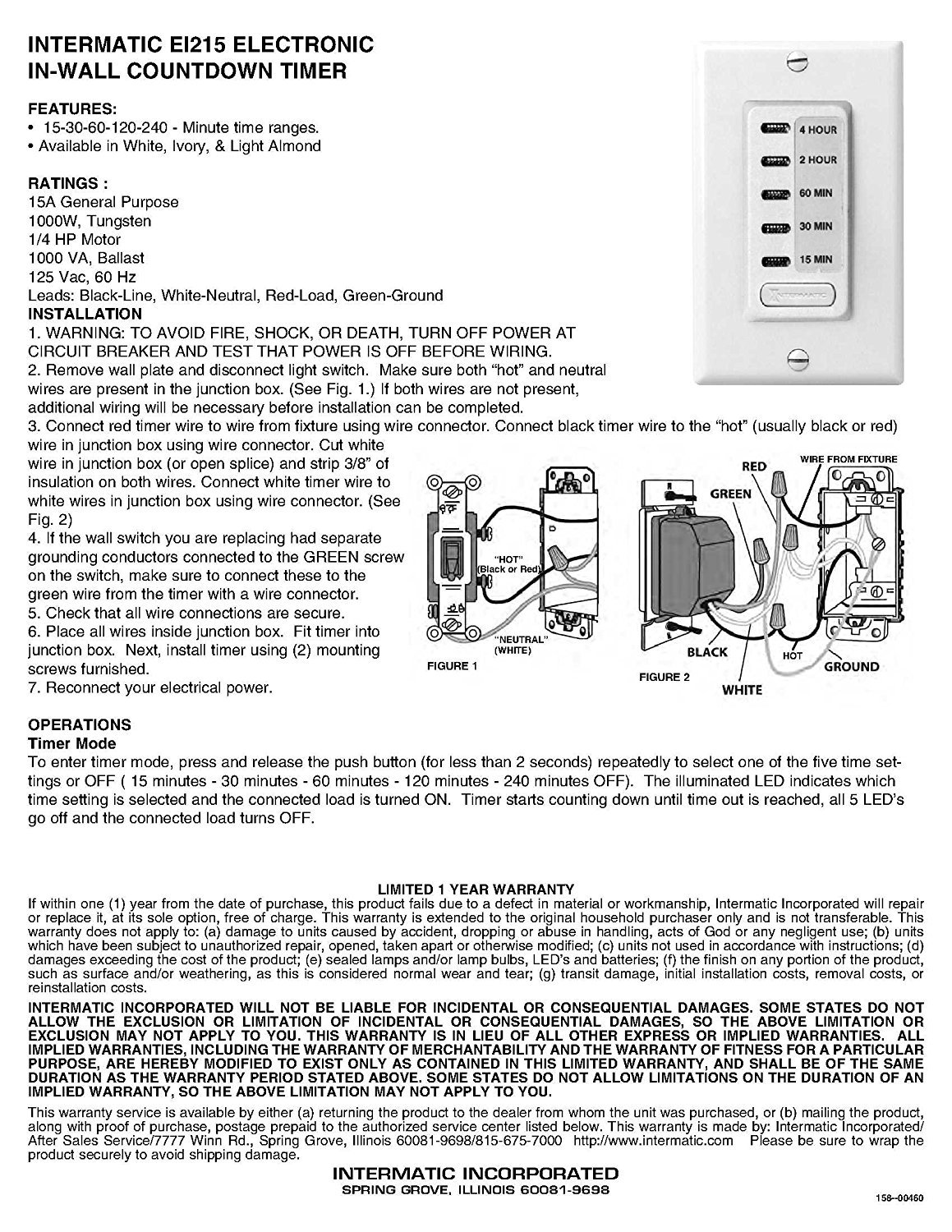 Intermatic EI200 Elektronischer Countdown-Zeitschaltuhr, 5/10 / 15/30 Minuten, elfenbeinfarben 15/30/60 Minute weiß