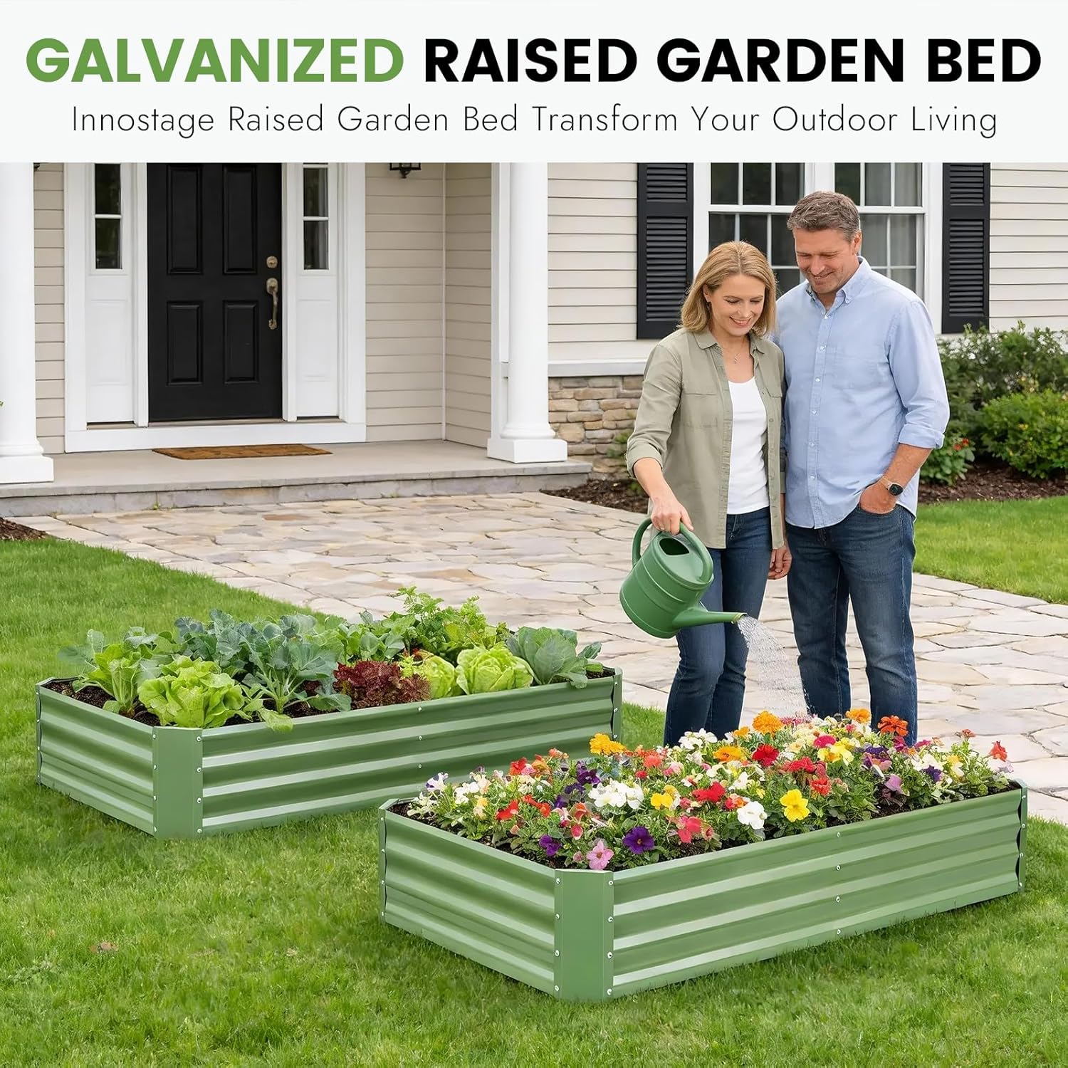 INNO STAGE 2Pcs Galvanized Raised Garden Bed Kit, 6x3x1FT Metal Raised Garden Beds for Vegetables, Rust-Resistant & Easy Assembly, Outdoor Raised Beds for Gardening, Flowers, Herbs (Green)