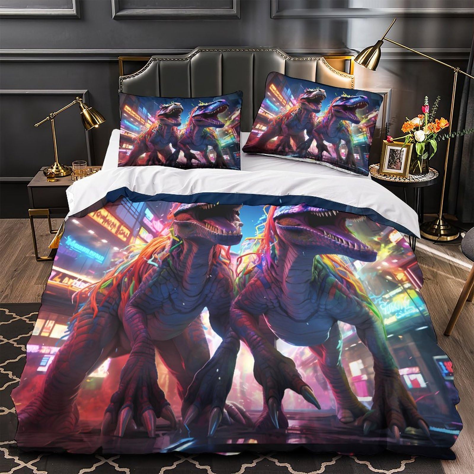 Parure de lit dinosaure 3D King 220x240 en microfibre avec 2 taies d'oreiller