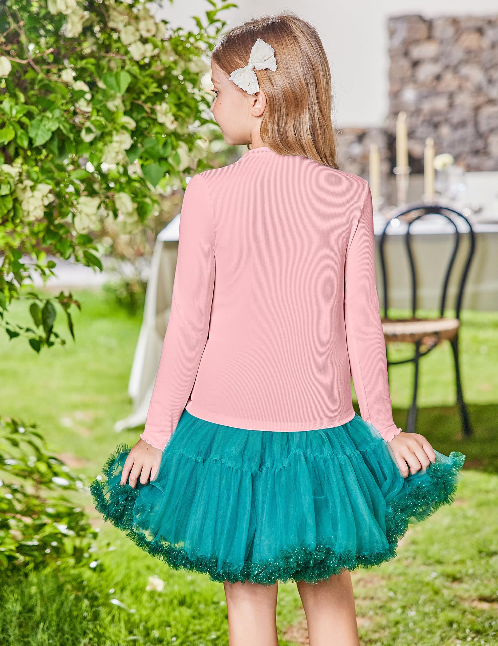 Arshiner Dziewczęca koszulka z długim rękawem, golf, falbanki, jednokolorowa, dziecięca koszulka basic, slim fit, podkoszulek 5-12 lat