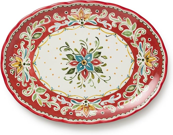Provence 16" x 12" Oval Platter – Rustic French Country Style Serving Tray – Folk Art Inspired Red & Green Floral Pattern – Decorative & Functional Tableware