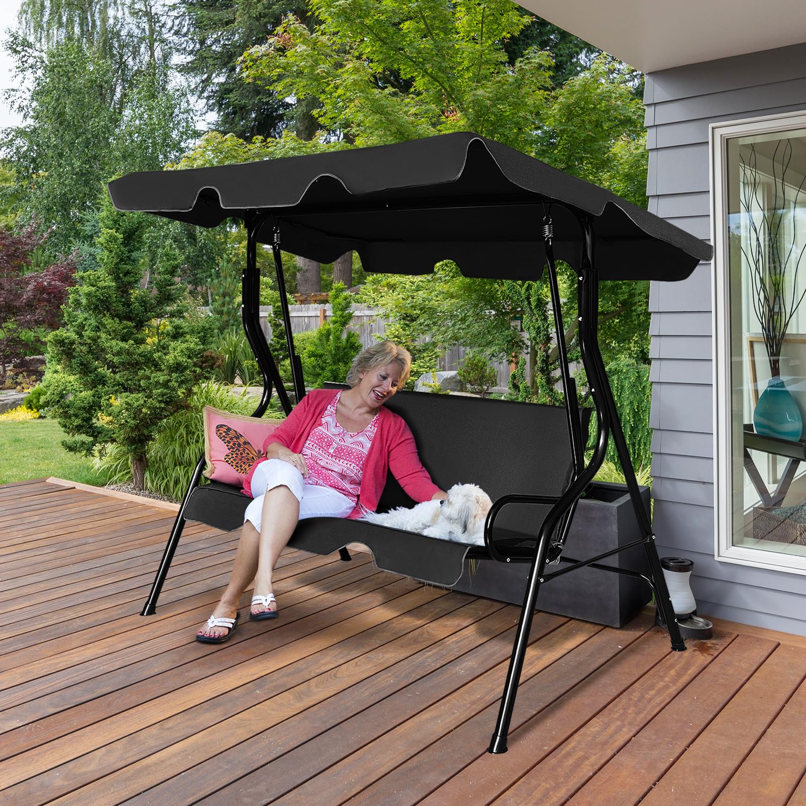 KOMFOTTEU Dondolo da Giardino 3 Posti, Dondolo da Esterno in Metallo con Tetto Parasole Regolabile e Schienale, Dondolo da Balcone, per Patio, Terrazzo, Balcone, 172 x 110 x 154 cm (Nero)