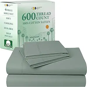 California Design Den Luxury King Size Sheet Set - 100% Cotton, 600 Thread Count Deep Pocket King Sheets, Hotel-Quality Bedding with Sateen Weave (Sage Green - Cool Tone)