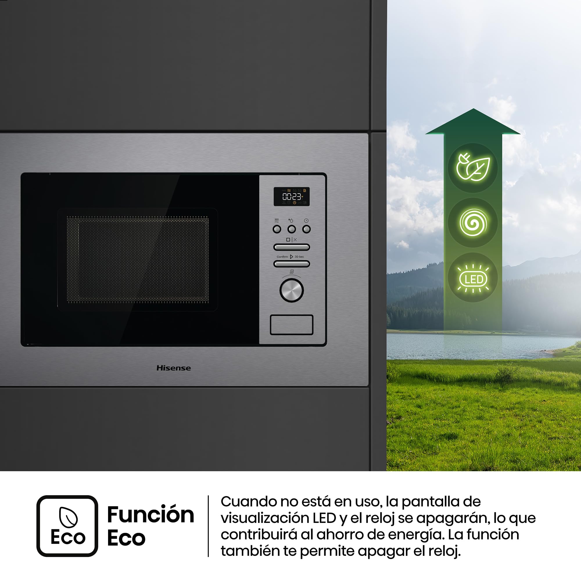 Hisense BIM320G41X - Microondas Integrable, 1000W, 20L, Alto 38.8cm x Ancho 59.5cm, Color Inox, 5 Niveles de Potencia, 15 Programas Preestablecidos, Grill Combo, Descongelar por Tiempo o Peso