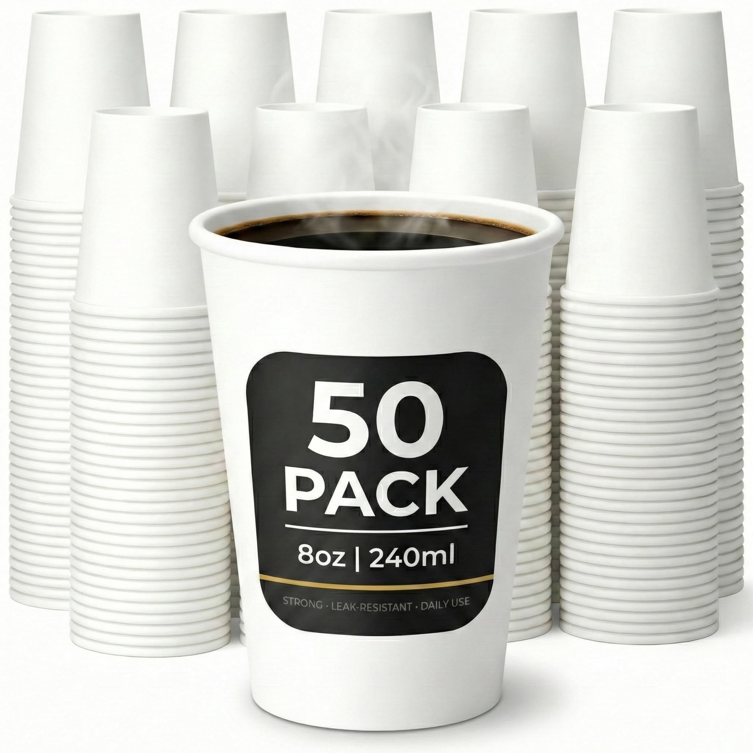 Paper Cups 8oz (240ml) – 50 Pack White Disposable Coffee Cups – Strong Single Wall Cups for Hot & Cold Drinks – Leak-Resistant, Smooth Rim – Ideal for Parties, Home, Office, Cafés & Events