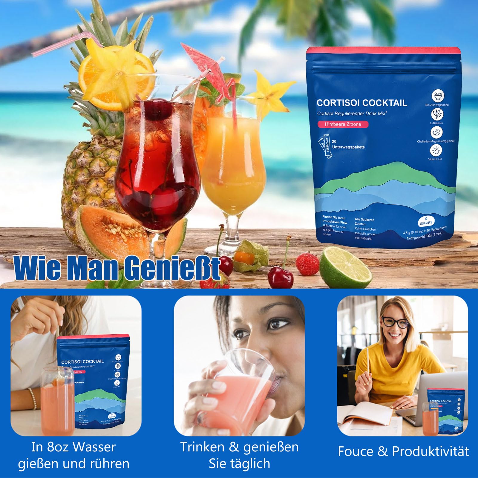 Jello Cortisol Cocktail,40 Stück Jello Cortisol Cocktail Pulver,Cortisols Senken Pulver zum Abnehmen,Entspannt Bleiben,für Damen Herren
