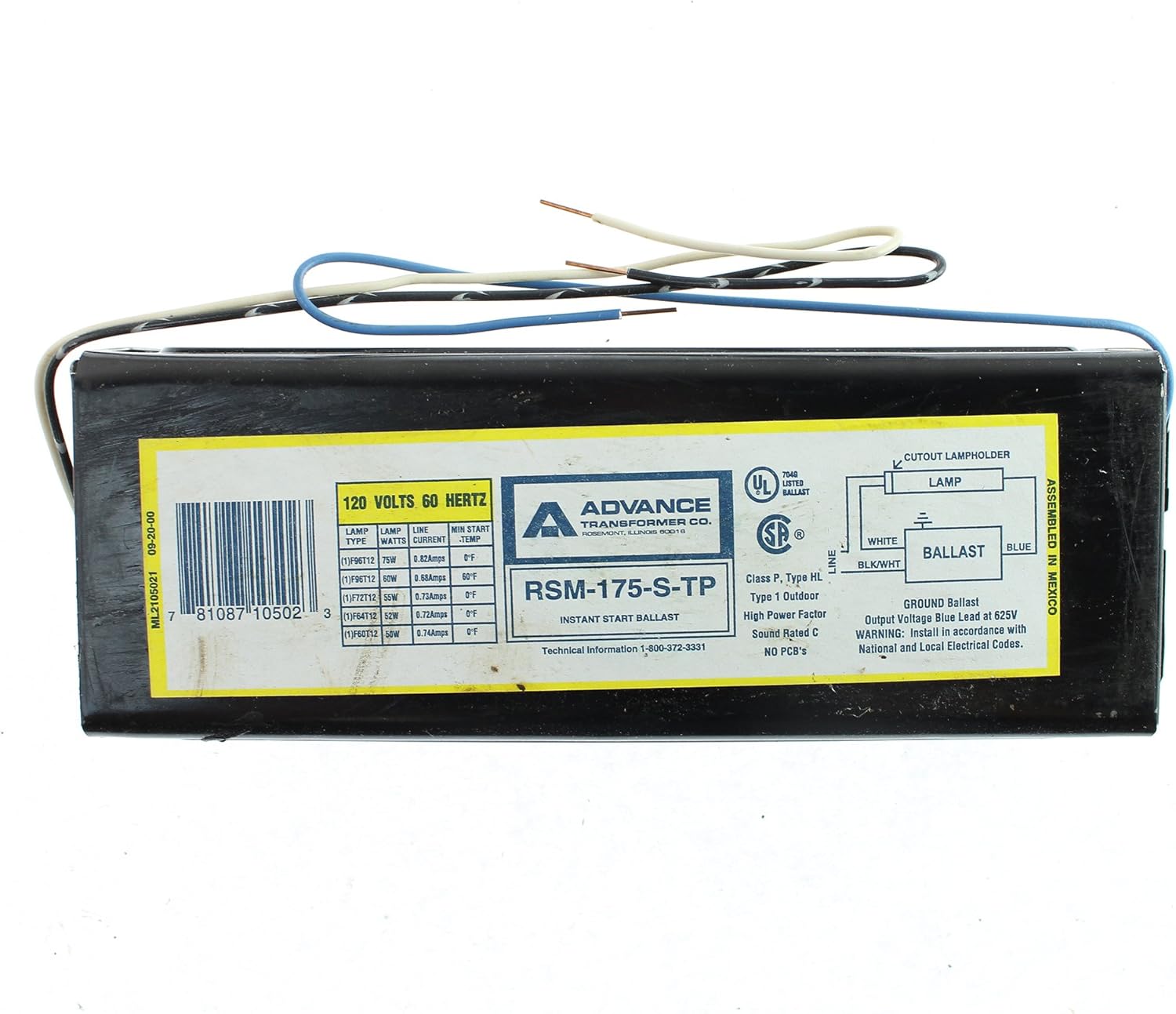 Advanced Ballasts RSM175STP RSM175STPI (1) Lamp F96T12 Instant Start 0.