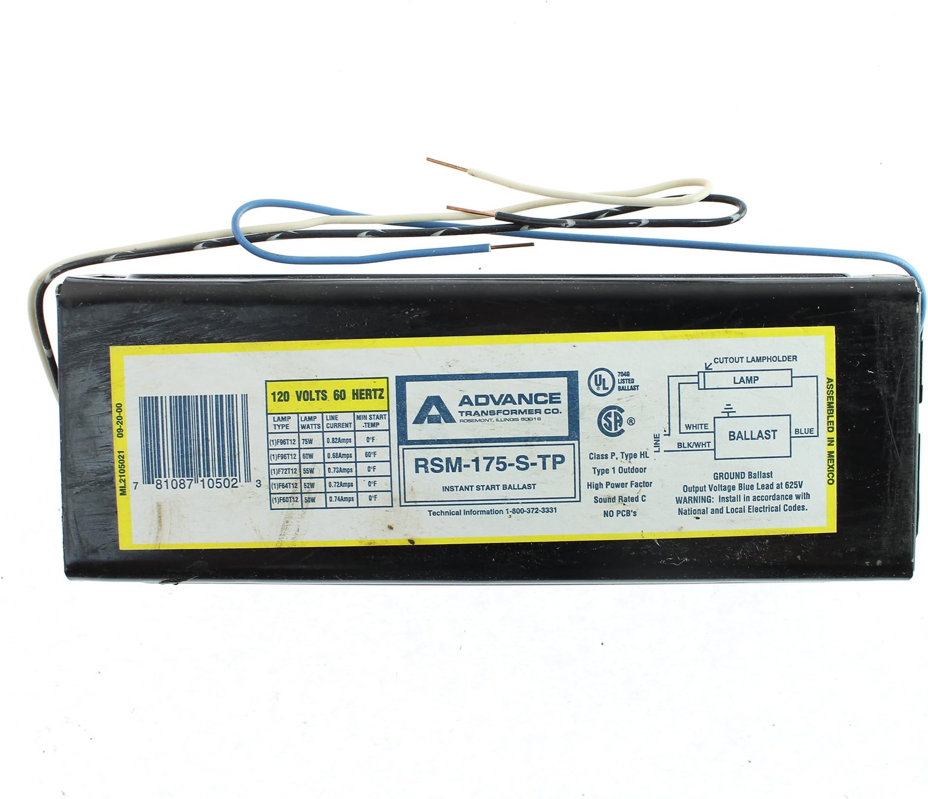 RSM175STP RSM175STPI (1) Lamp F96T12 Instant Start 0.95 Ballast Factor 120V