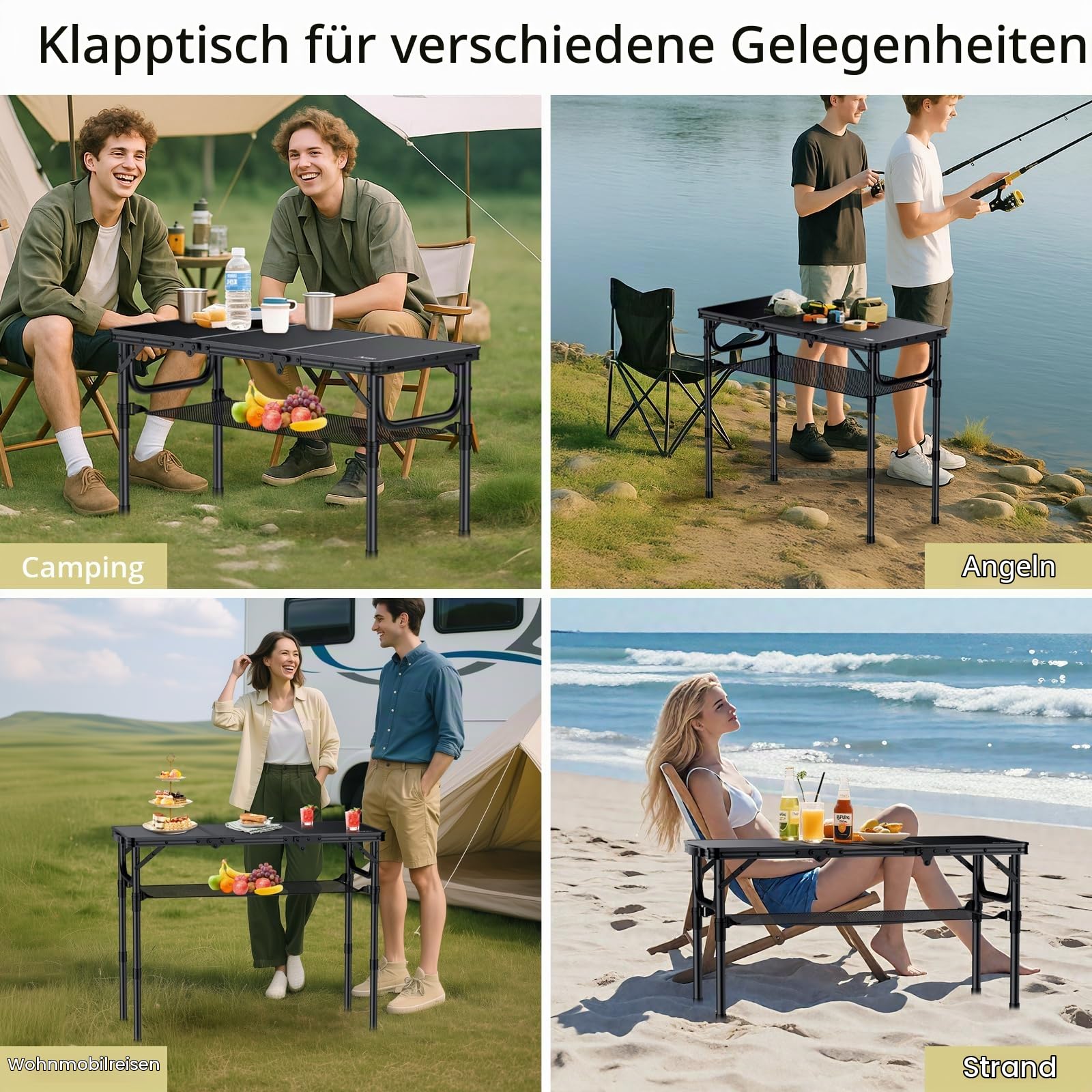 Anbte Campingtisch Klappbar 88x40cm Aluminium Rahmen 3 Höhenverstellbar 26/48/70cm Picknicktisch mit Aufbewahrungsnetz Tragbar Koffertisch Grilltisch für Camping Strand Balkon (Ganz Schwarz)