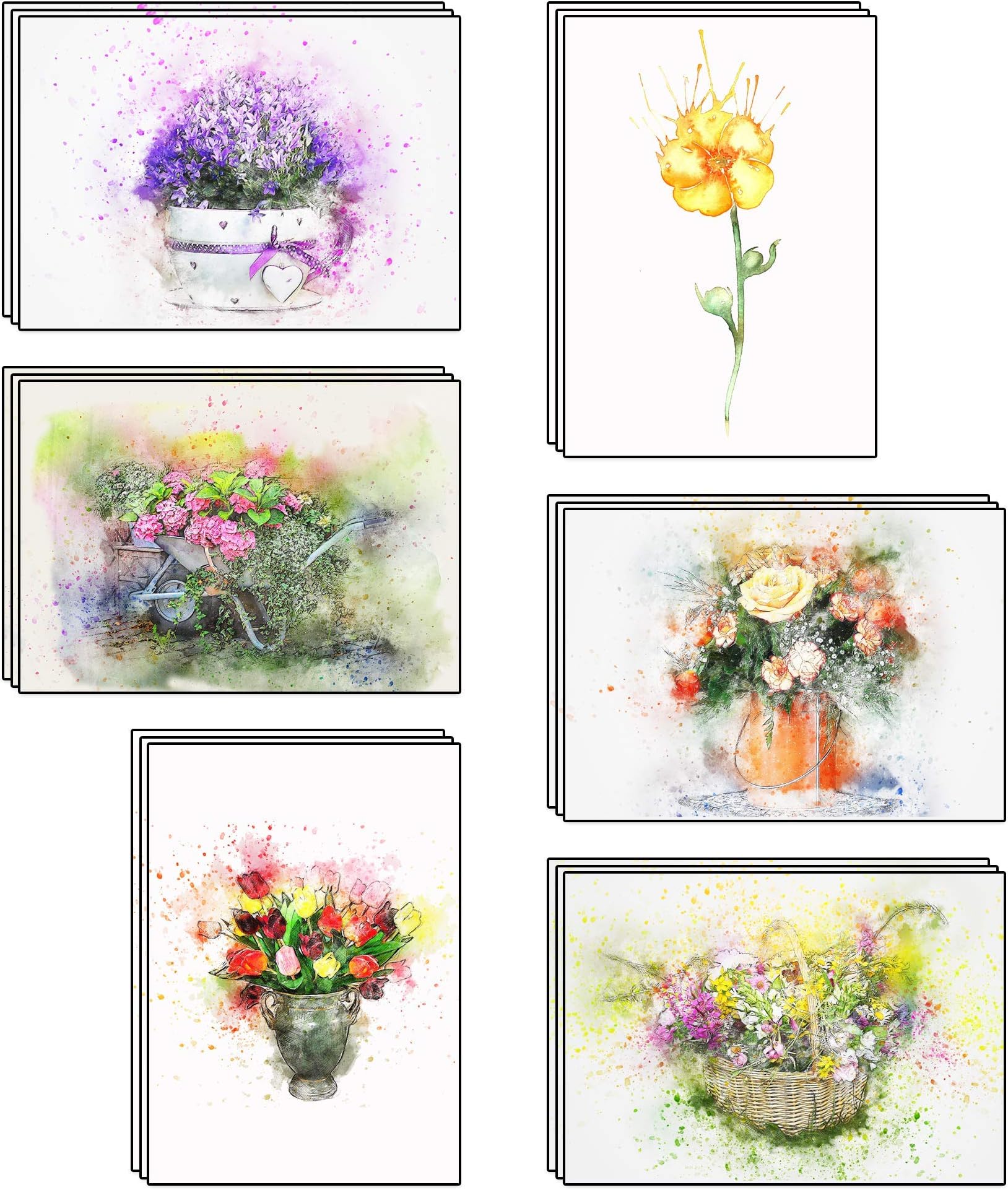 48 Blank Artistic Watercolour Flower Greeting Cards Made from Recycled Card