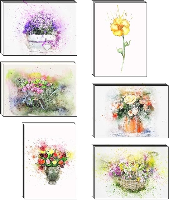 48 Blank Artistic Watercolour Flower Greeting Cards Made from Recycled Card