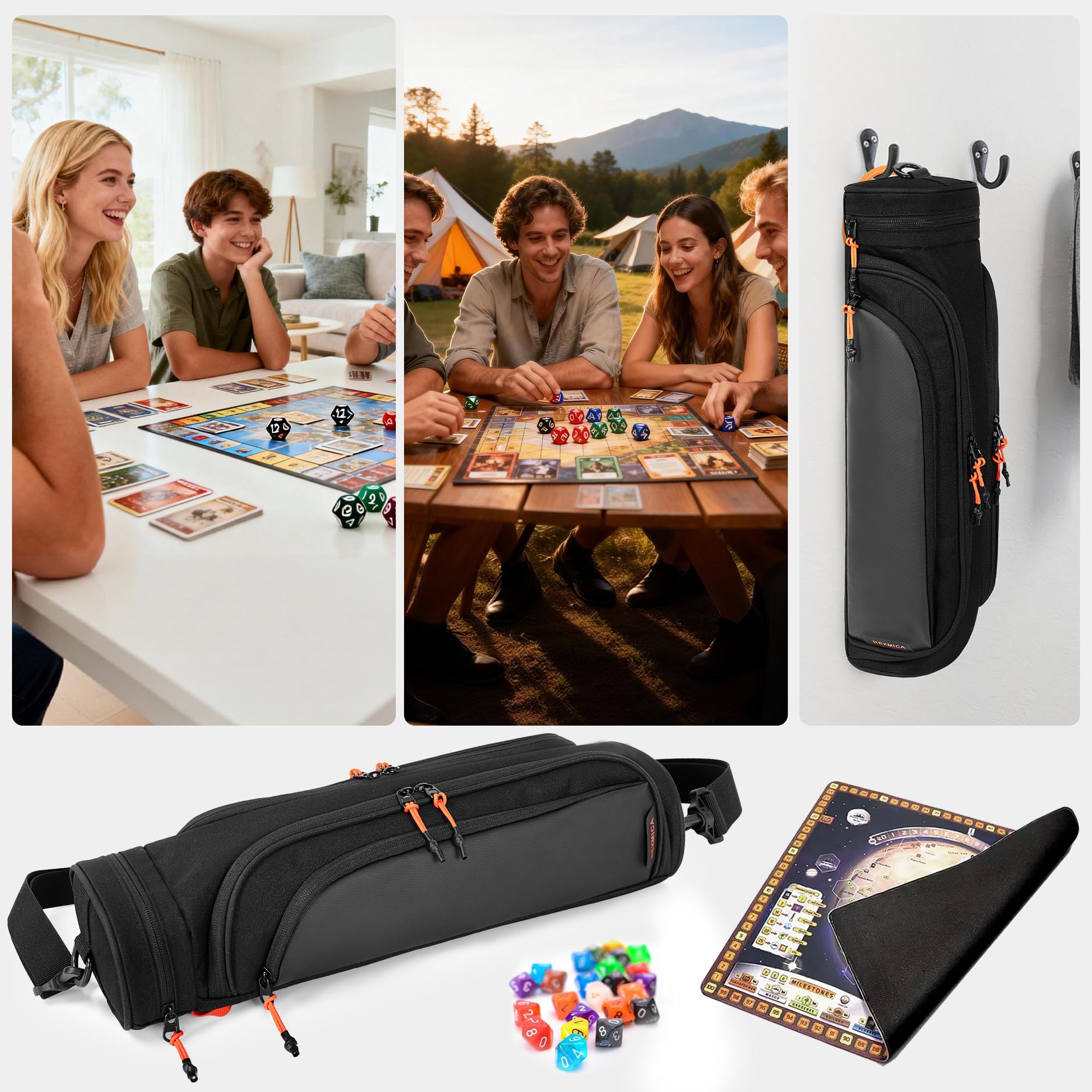 Rexmica Dual Borsa Portaoggetti per Tappetini da Gioco con Tracolla per 2 Tappetini da Gioco (35,5 x 61 cm), Custodia Tubolare per Tappetini da Gioco con Scomparto per Dadi per Gaming Playmat