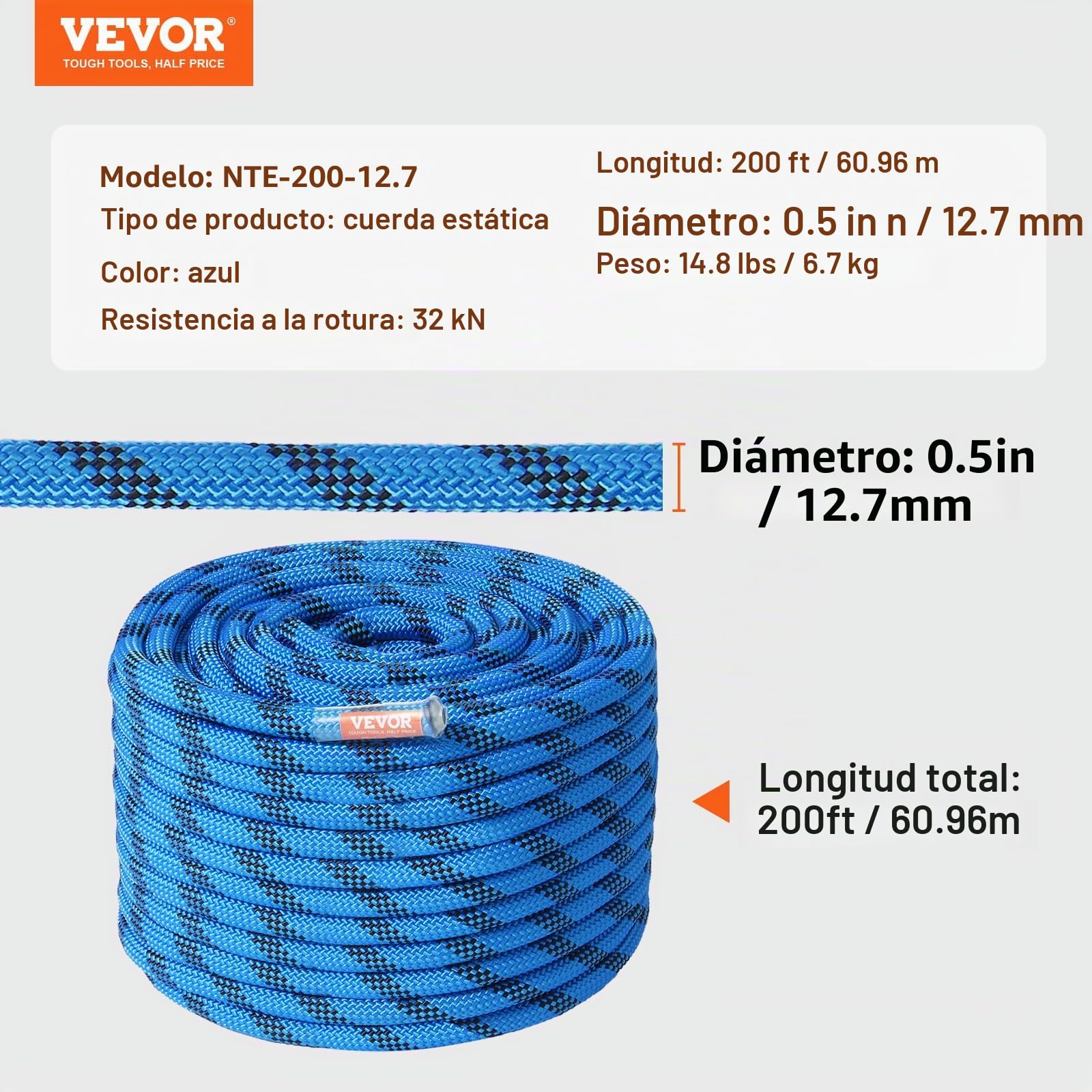 VEVOR Cuerda de Escalada Dinámica 12,7 mm Largo de 60,9 m, Cuerda de Seguridad Exterior Fuerza de Rotura de 30 kN Alta Resistencia a la Tracción para Escape, Rappel, Rescate contra Incendios, Azul