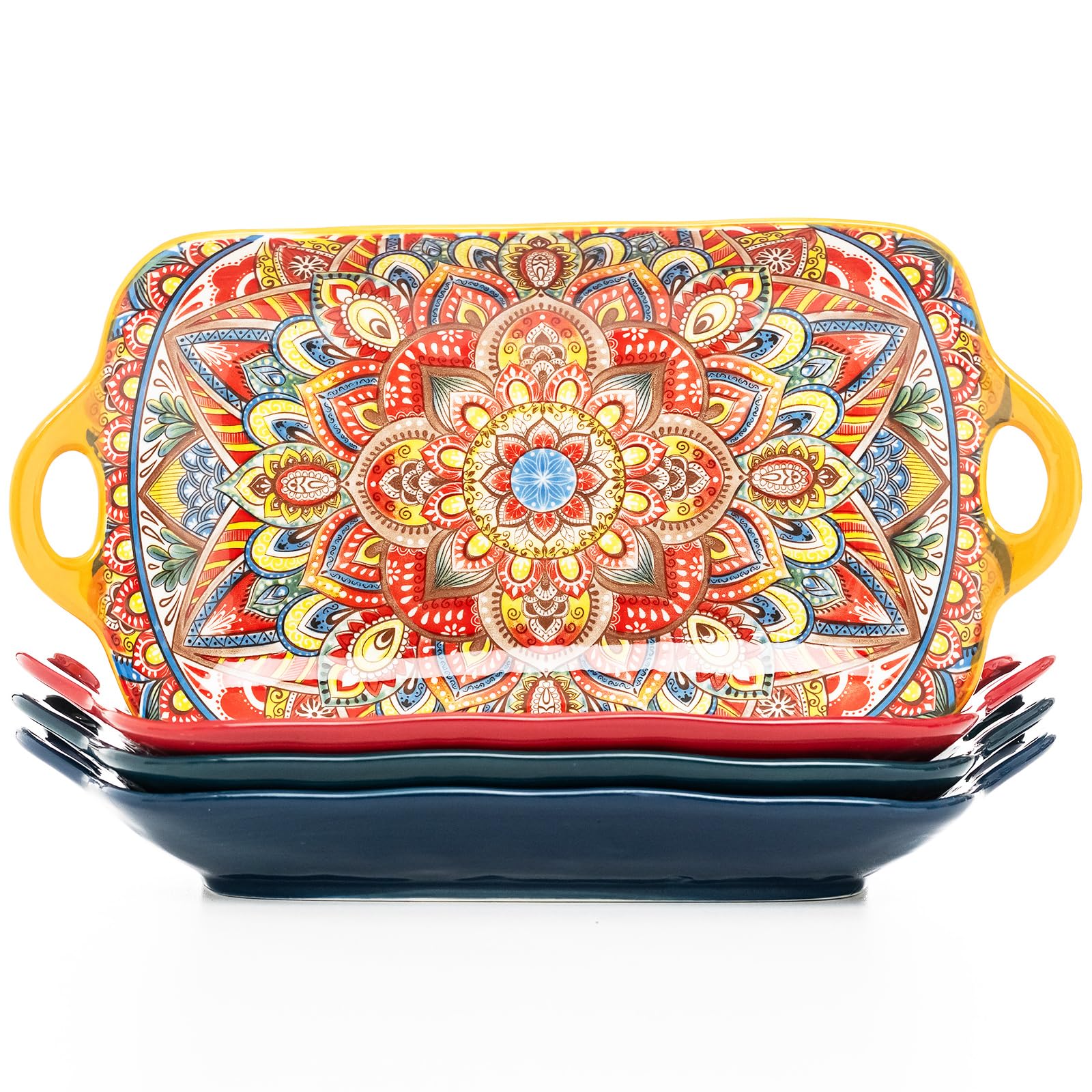 Boho-Servierplatten aus Keramik mit Griffen, 30,5 cm, große Servierschalen für Unterhaltung, bunte, niedliche Porzellan-Servierteller für Sandwich, Vorspeisen, Obst, mikrowellengeeignet, gemischte