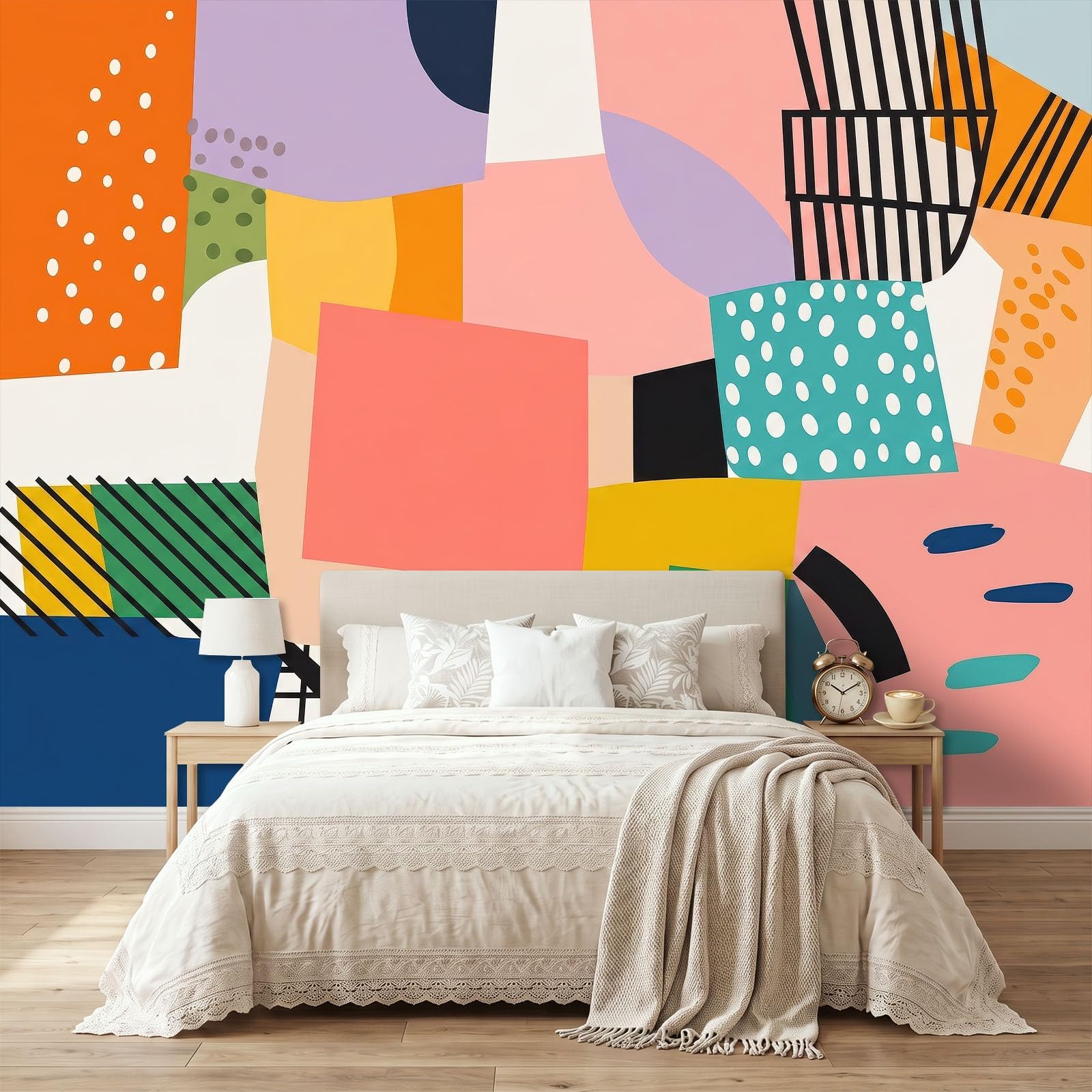 Abstrakcyjne geometryczne bloki kolorowe kropki panoramiczna tapeta dla chłopców dziewcząt, 400 x 280 cm kolor gigantyczny plakat ścienny 3D, dekoracja ścienna premium do salonu, pokoju dziecięcego