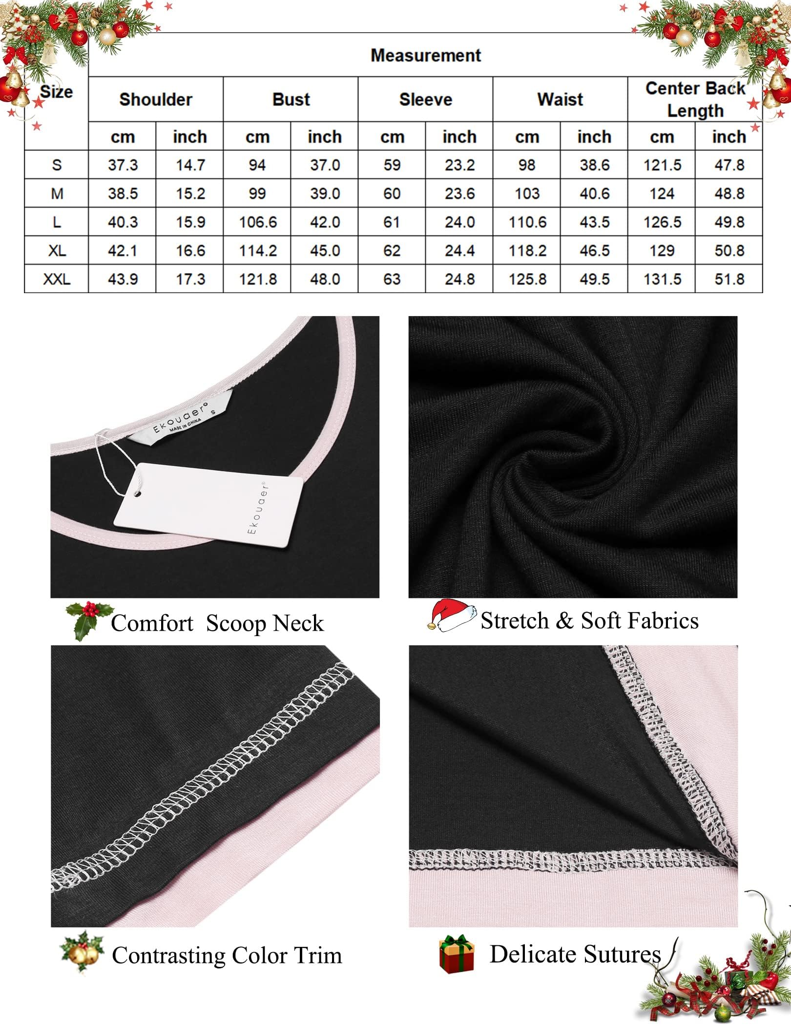 Ekouaer Camicia da Notte Donna Manica Lunga Girocollo Lungo da Notte Invernale Pigiama Comodo Ampio Sexy Camicie Tinta Unita Abbigliamentoda Casa S-XXL