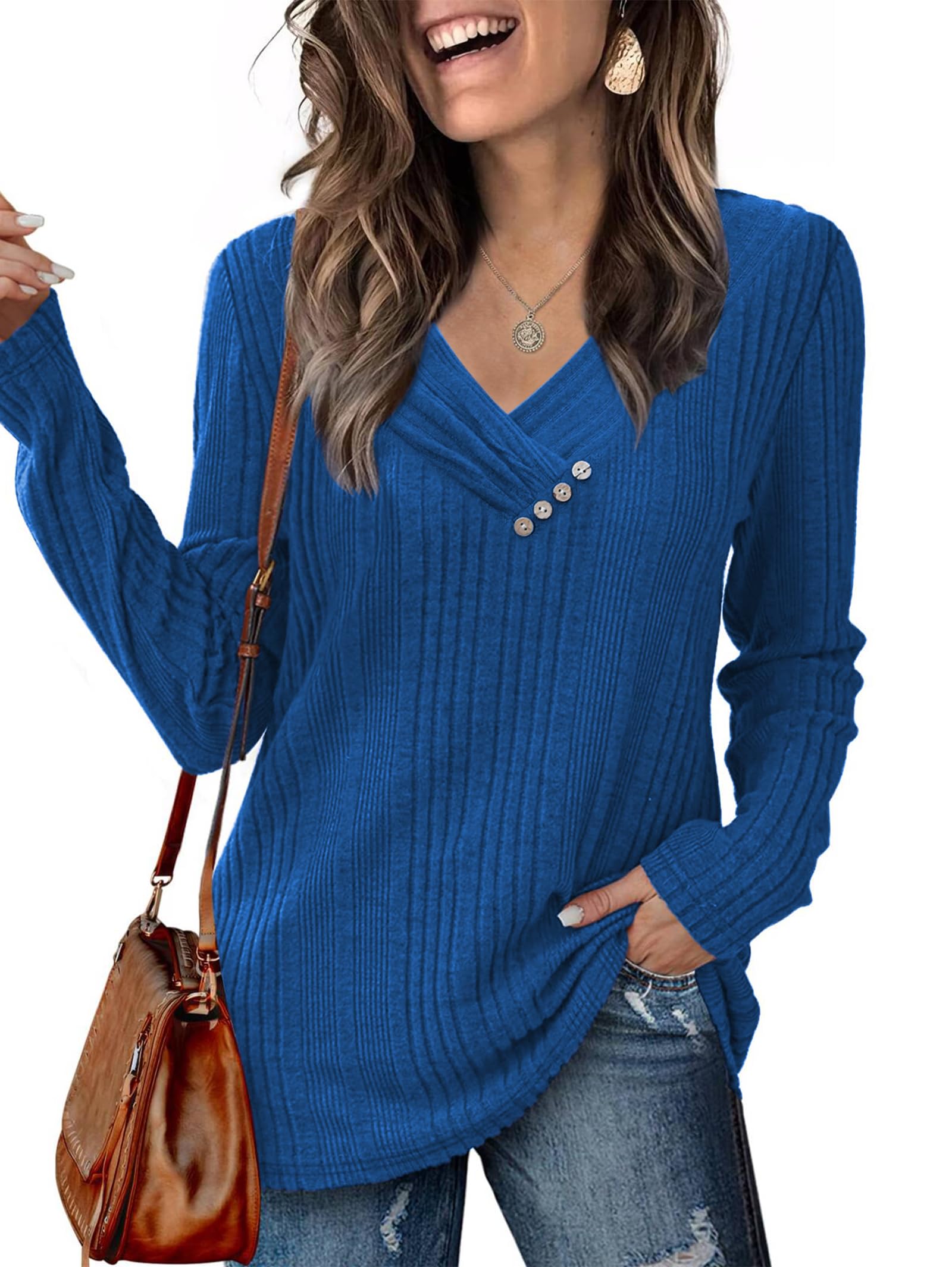 Famulily Damen Strickpullover Langarm V Ausschnitt Sweatshirt Tunika Tops mit Runder-Knöpfe S-2XL