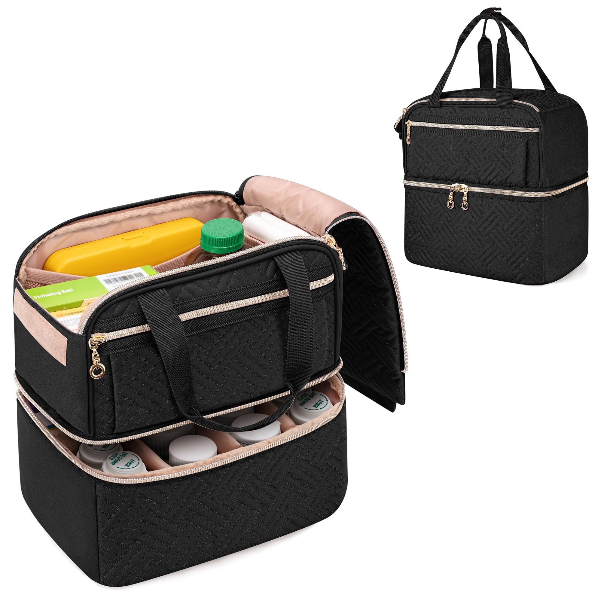 Double Layers Pill Bottle Organizer Empty, Lockable Medicine Storage Bag Medication Travel Bag with 4 Customized Dividers for Prescription Bottles, Medical Supplements,Black