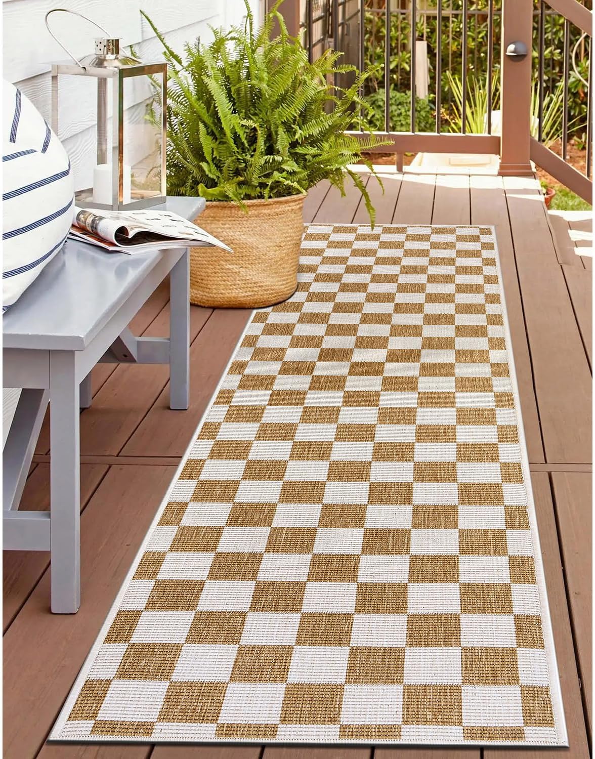 Rugshop Natural Checkered Reversible Weather Resistant Indoor/Outdoor Runner Rug, for Hallway, Kitchen and Entryway, 2' x 7'