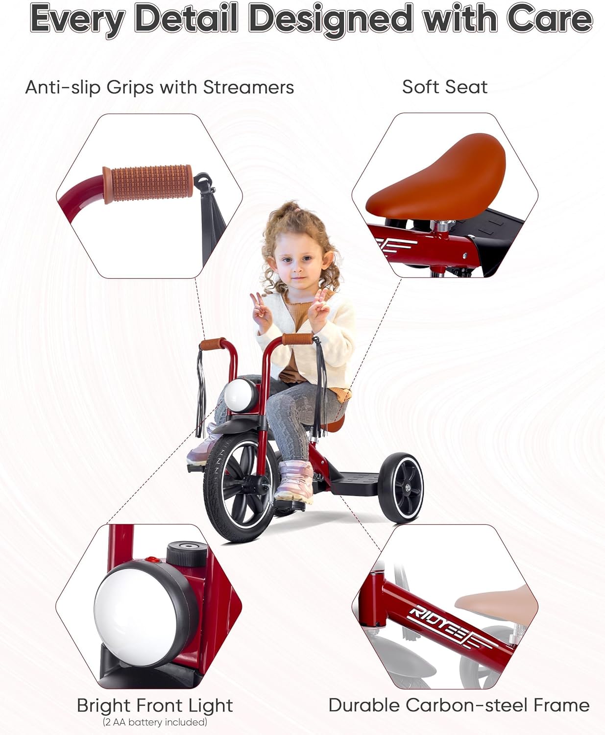 RIDYEE Toddler Tricycle for 2 to 5 Years, Tricycle for 3 Years with Front Light, Rubber Front Wheel, Soft Handlebar with Streamers, Adjustable Seat, Red