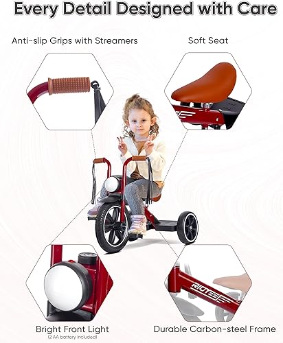 Miniatura 3 de Triciclo para niños de 2 a 5 años, triciclo para 3 años con luz delantera, rueda delantera de goma, manillar suave con serpentinas, asiento