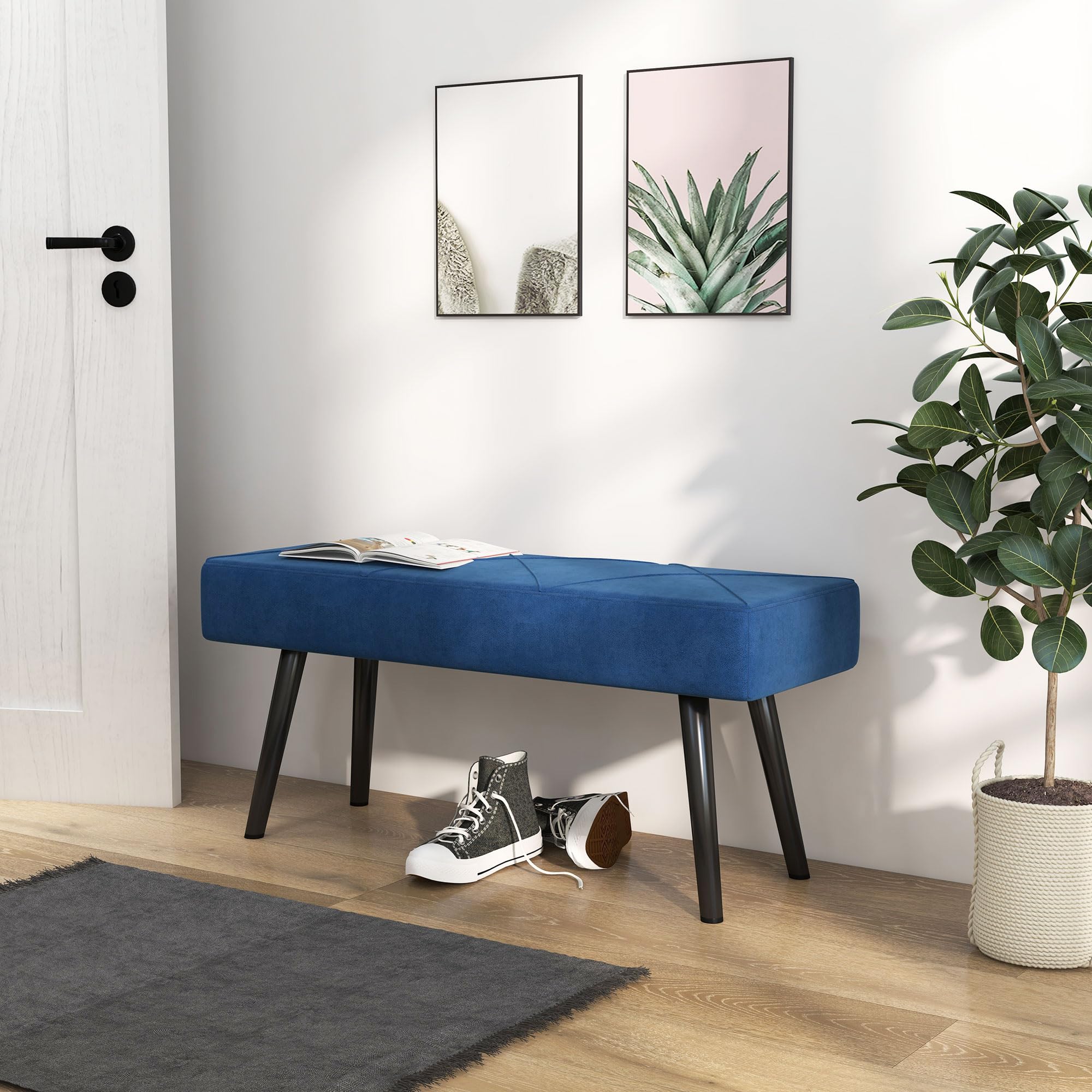 Homcom Banc Multifonctionnel pour Pied de Lit, Banc Moderne pour Chambre avec Siège Rembourré et Pieds en Acier, Charge Maximale de 120 kg, pour Entrée, Couloir, Salon, 100 x 36 x 45 cm, Bleu Foncé