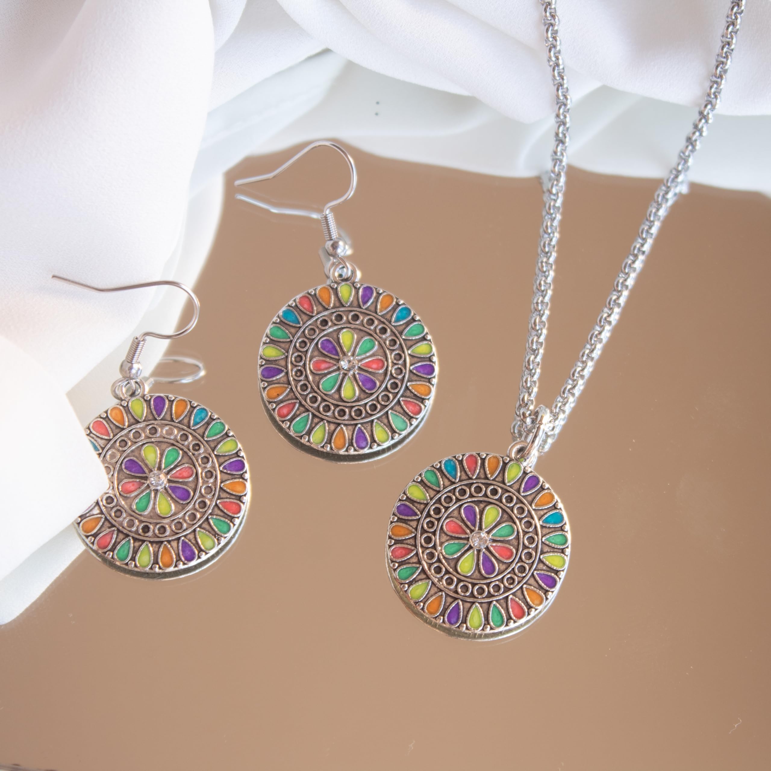 ZARZAMORA Conjunto a Juego -Pendientes y Colgante Bohemios Vintage Plata Tibetana Acabado Antiguo y Cadena de acero Inoxidable -Colgantes Mujer Esmaltados Redondos Étnico-Hippie-Regalo Original
