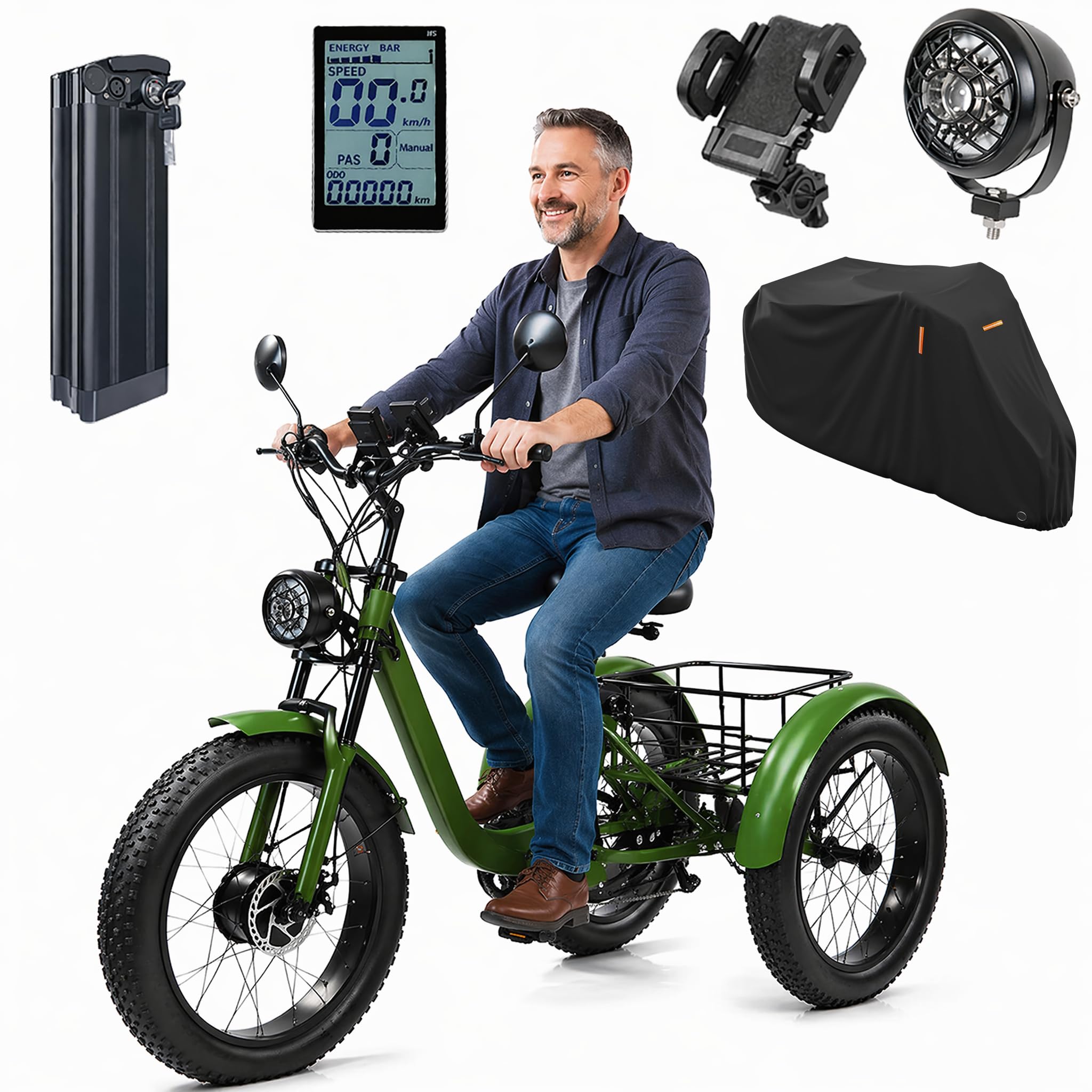 Triciclo Elettrico 3 Ruote Adulti 24 inch 7 Marce Ruote Larghe Bici Grande Autonomia per Anziani Uomo Donna Pendolarismo Spesa con Cesto Copertura Pioggia Polvere Trike Green
