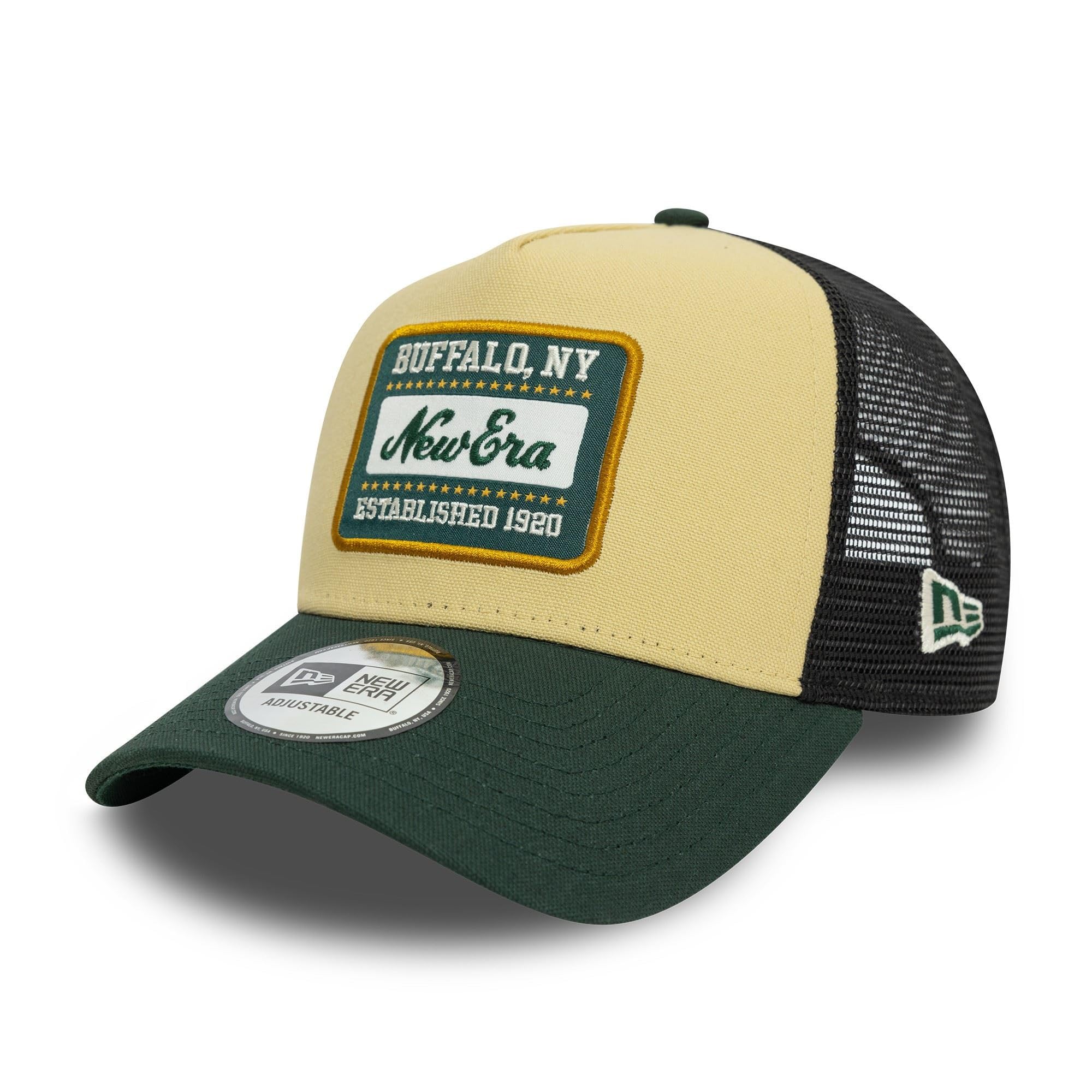 New Era Patch Trucker Cap Adjustable Summer Beige Green hat A-Frame Buffalo 1920