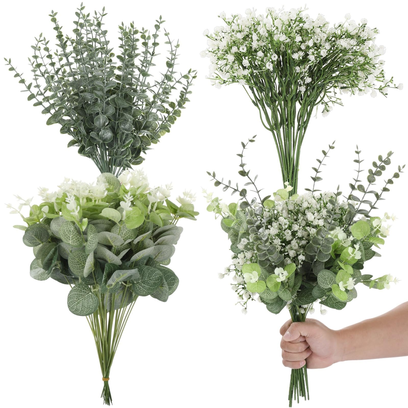 SWEWARM 100 Pcs Artificial Greenery Set, Including Fake Plastic Eucalyptus Leaves and Delicate Gypsophila Artificial Flowers Bulk, Eucalyptus Stems for DIY Bridal Wedding Bouquet