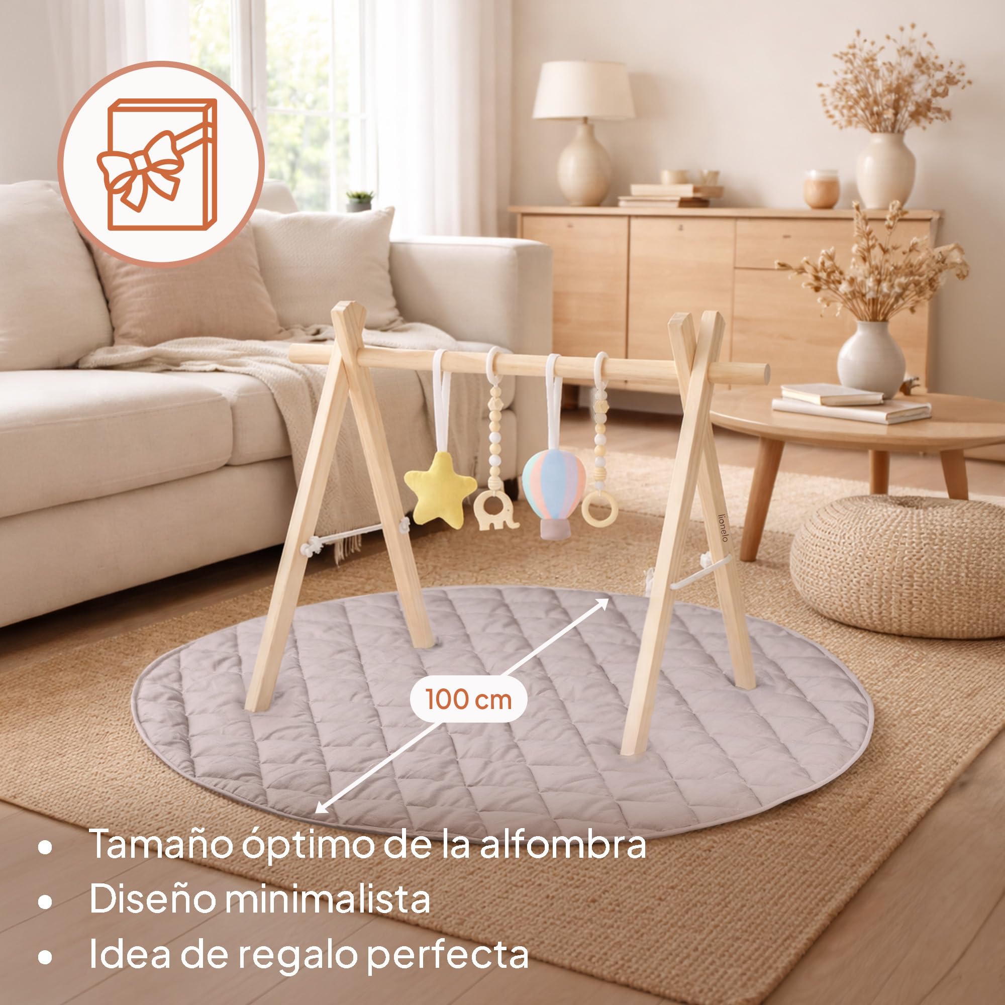 Lionelo Anis Set Manta de Actividades Bebé con Gimnasio de Madera, Baby Gym Montessori con Juguetes Desmontables, Alfombra de Algodón Antideslizante 2 cm, Plegable