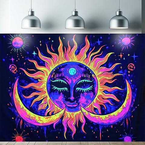 Starlit Patio Blacklight Tapestry UV Reactive Tapestries Sun Moon Wall Hanging Trippy Neon Glowing Tapestry for Bedroom Living Room Dorm Decor Aesthetic Hippie Art Boho Wall Bohemian Poster