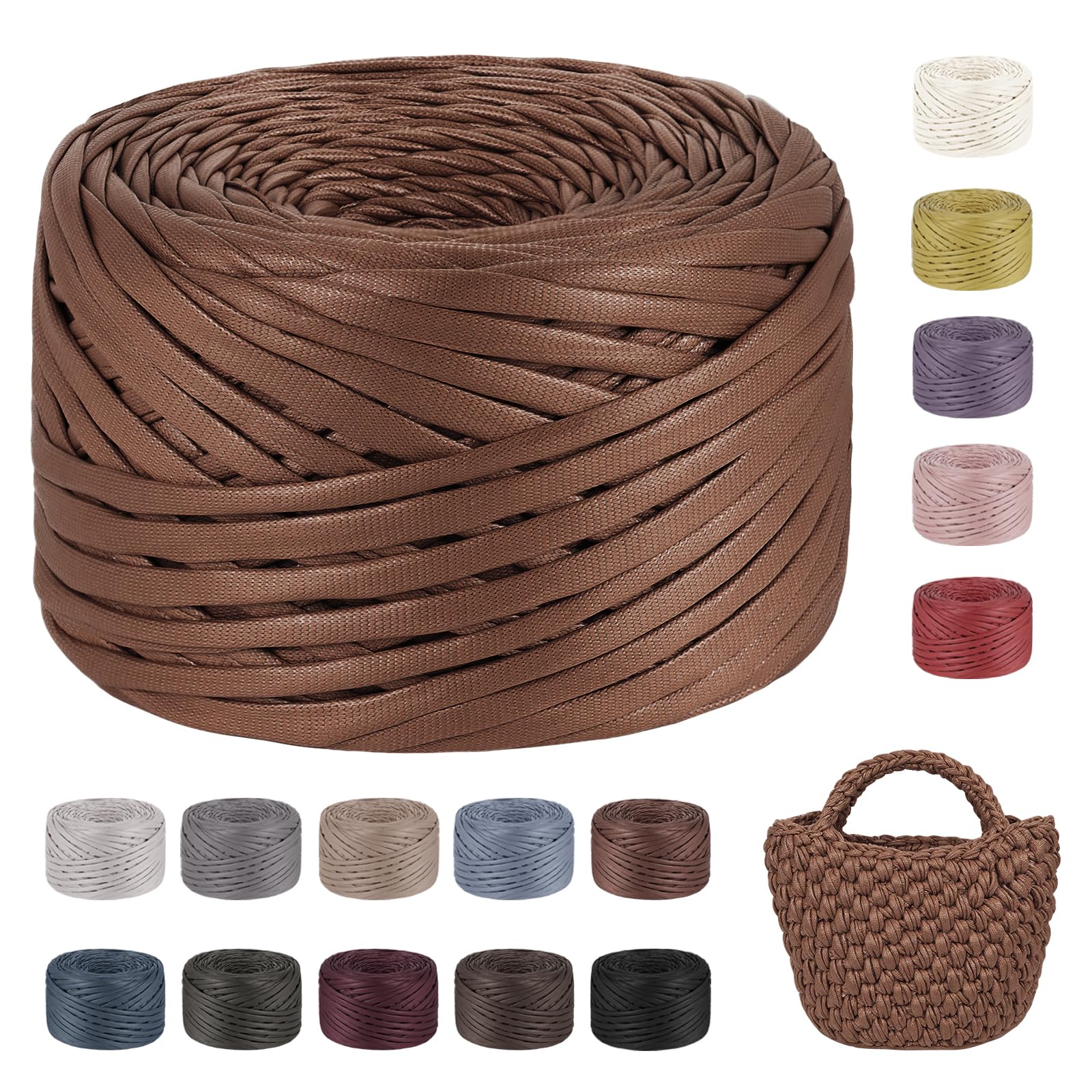 LEREATI Tshirt Yarn for Crocheting 200g/90m Single-Side Faux Leather Looking Fabric, Soft Polyester Cloth Ribbon T Shirt Yarn for Crocheting Baskets Bags Rugs Home Decor DIY Crafts (Light Brown)