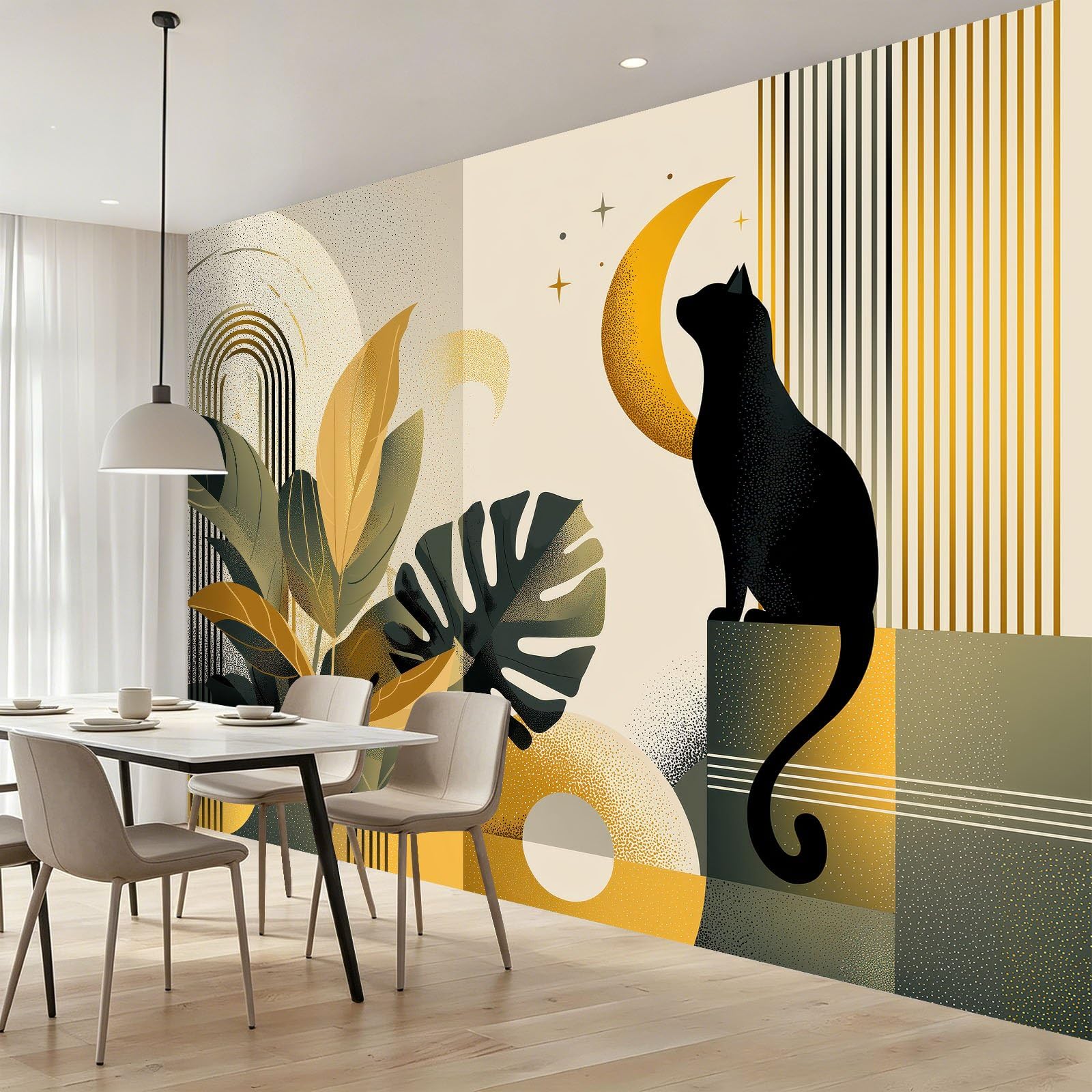 Panoramiczna tapeta z włókniny w połowie wieku, tropikalna, 350 x 256 cm, tapeta z włókniny, do salonu i sypialni, chłopca Mädchen Nursery, Monstera, Gwiazdy