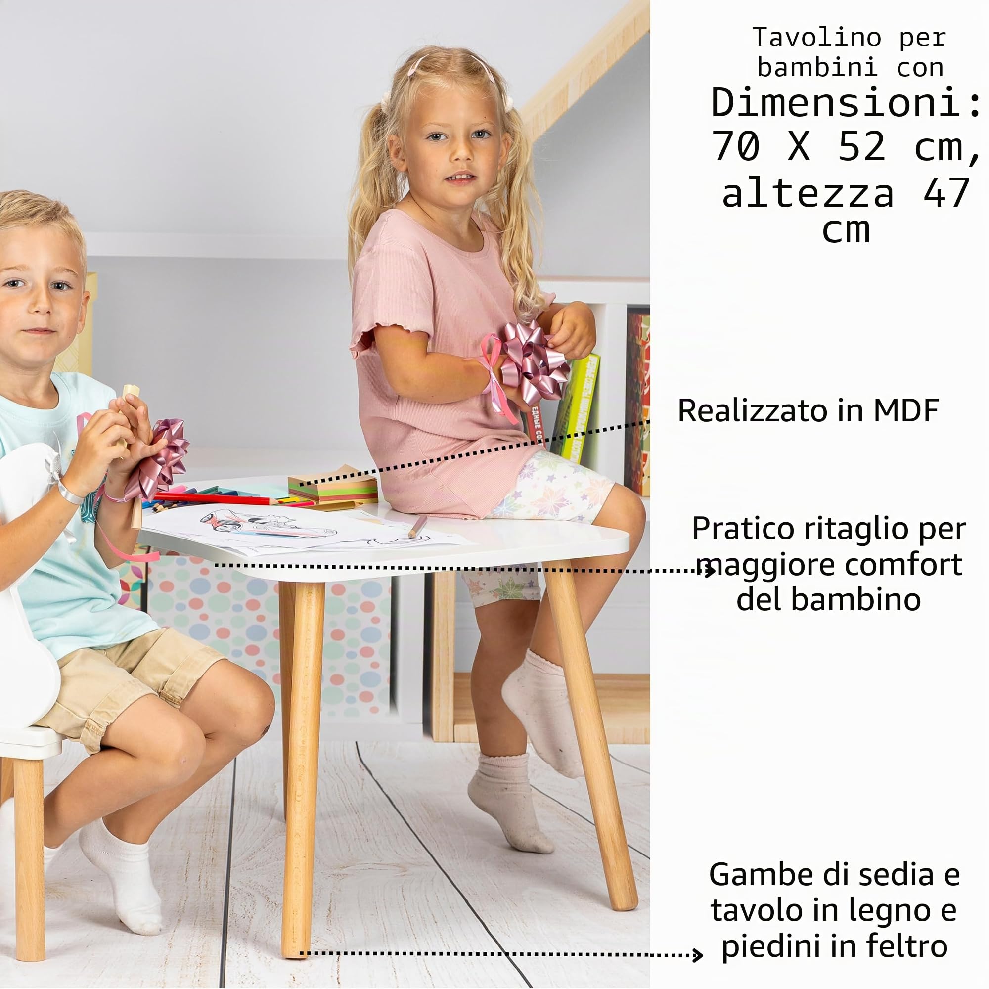 Tavolo in legno per bambini, tavolo per cameretta, 50 x 70 cm, bianco, fai-da-te, alta qualità, sedute per bambini naturali, tavolo per bambini