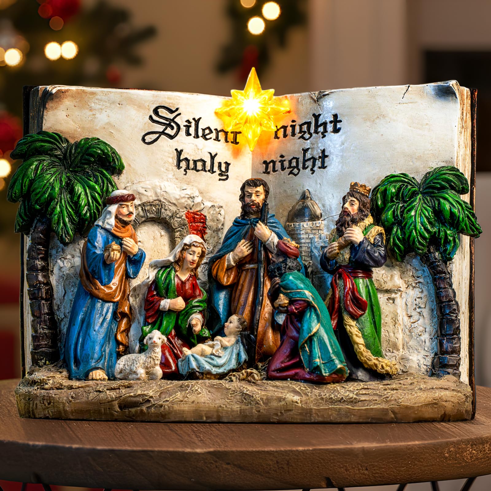 Crèche de Noël d'exception avec figurines sculptées et rétroéclairage LED étoile