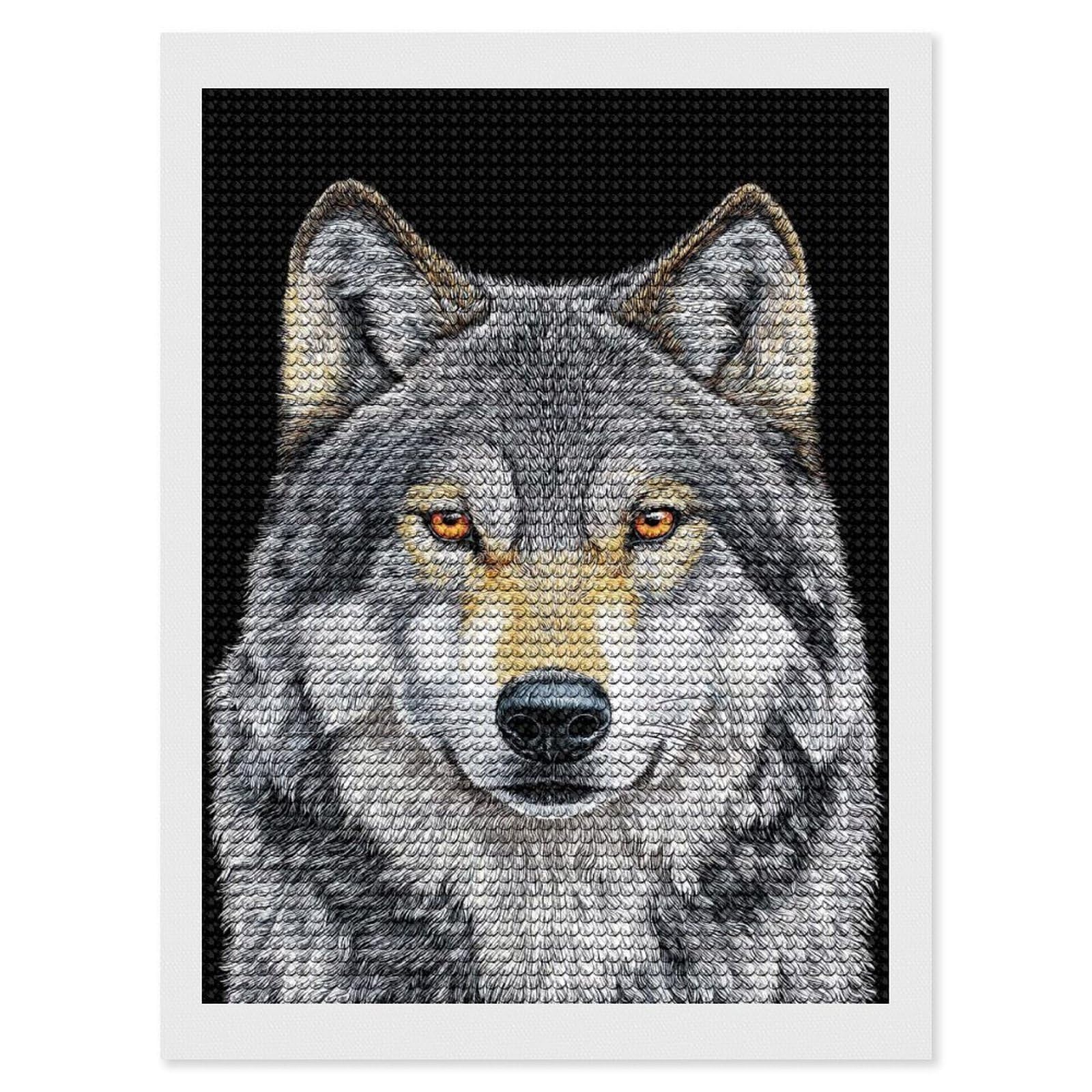 Junmoney Wolf Portrait on Black Background Diamond Painting Kit 12"x16", Easy Handmade Project, Cosy Home Accent, for Craft Lovers, Holiday Gift Idea