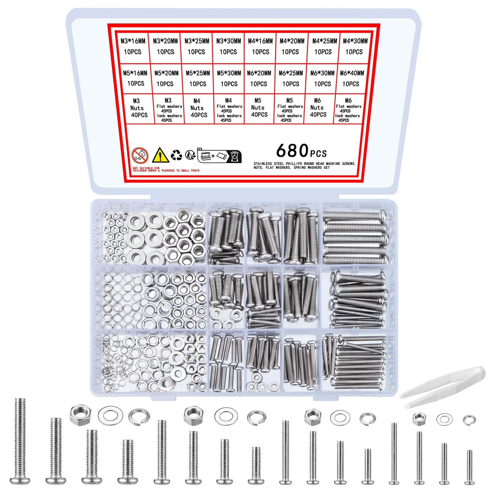 680 Pcs Cross Pan Head Screws Botls and Nuts and Washers Assortment Set, Stainless Steel Round Head Machine Screws Nuts and Bolts and Flat & Lock Washers Set for Home Office Industrial