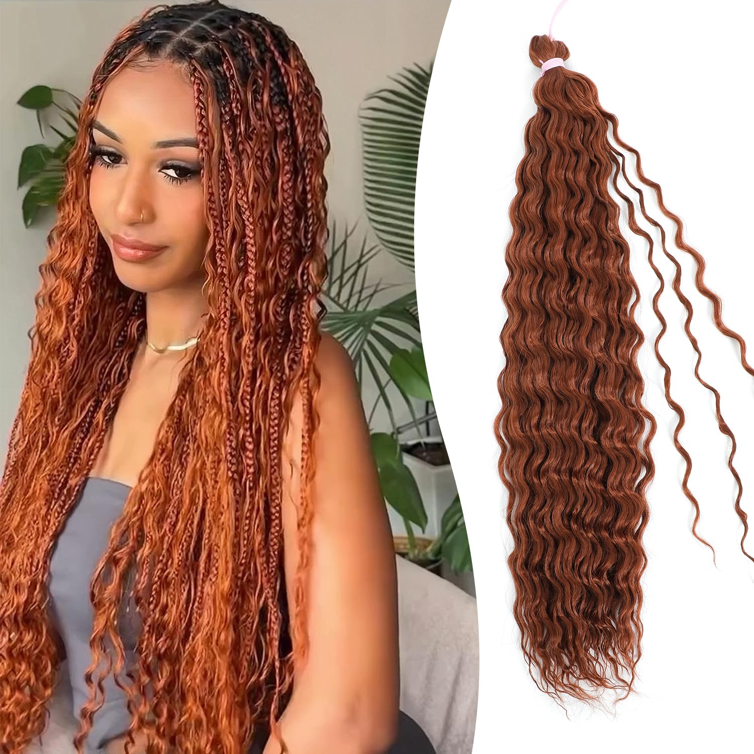 HUA #350 Ginger Orange Human Braiding Hair for Boho Braids 20 Inch Long Curly Braiding Hair Mix Synthetic Deep Water Wave for Boho Braids No Weft One