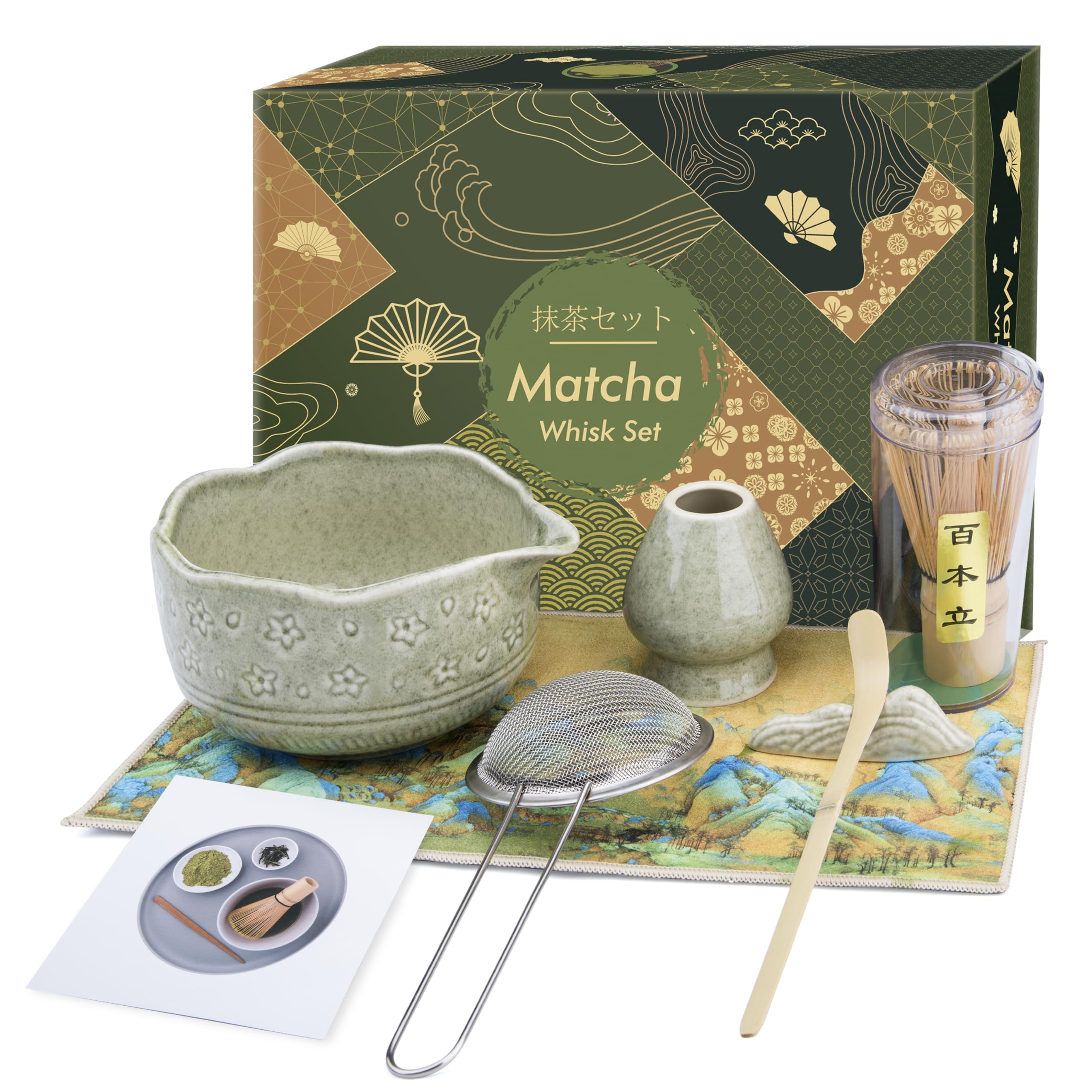 Matcha Whisk Set - 7 PCS Matcha Kit, Matcha Set for Making Breakfast Green Tea Lattes - Matcha Bowl with Spout, Matcha Whisk Holder - Gift for Tea