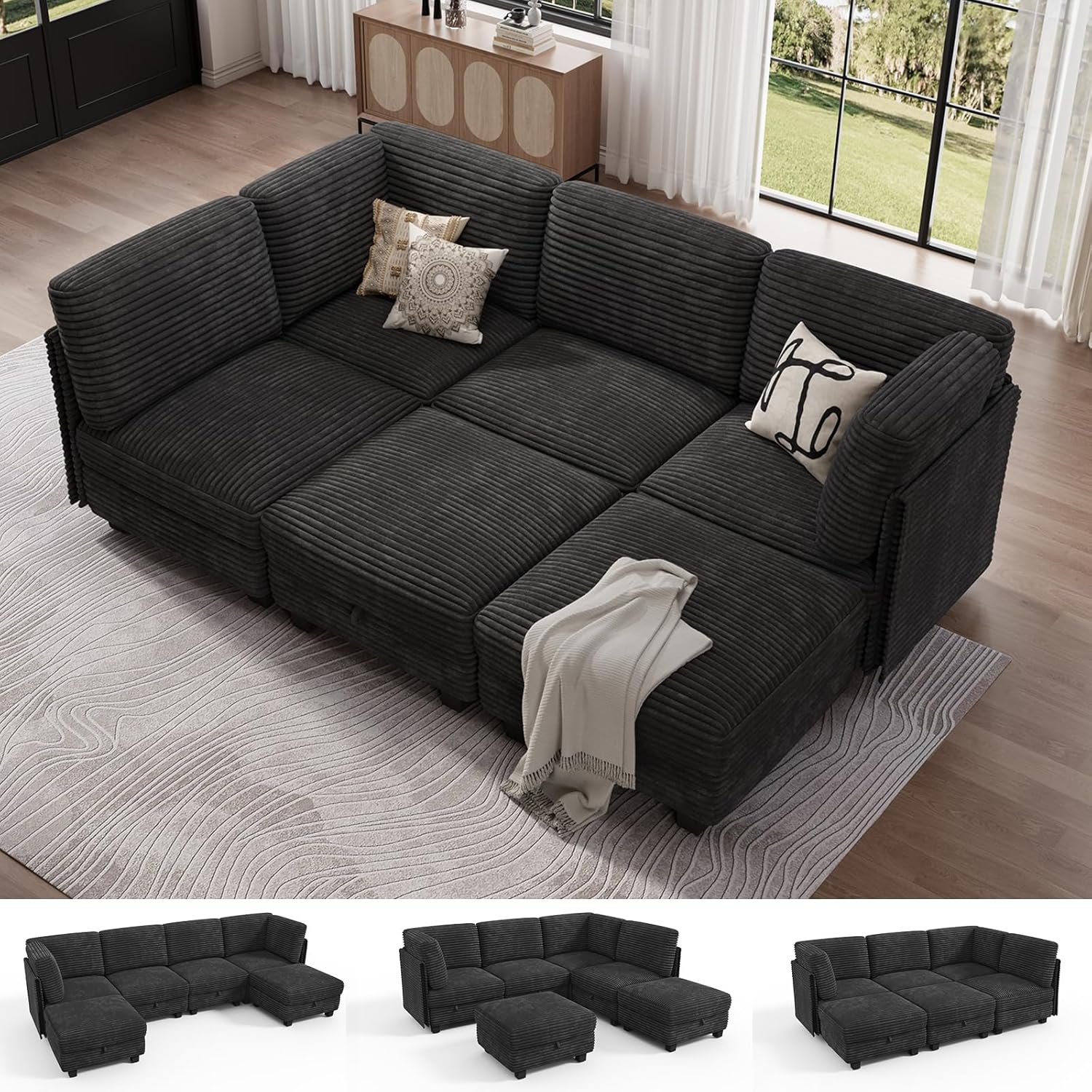Modular Sectional Sofa with Adjustable Backrest, Convertible L/U-Shaped Sleeper Couch for Living Room, Cloud Sofa Bed Modern Reversible Design, Black
