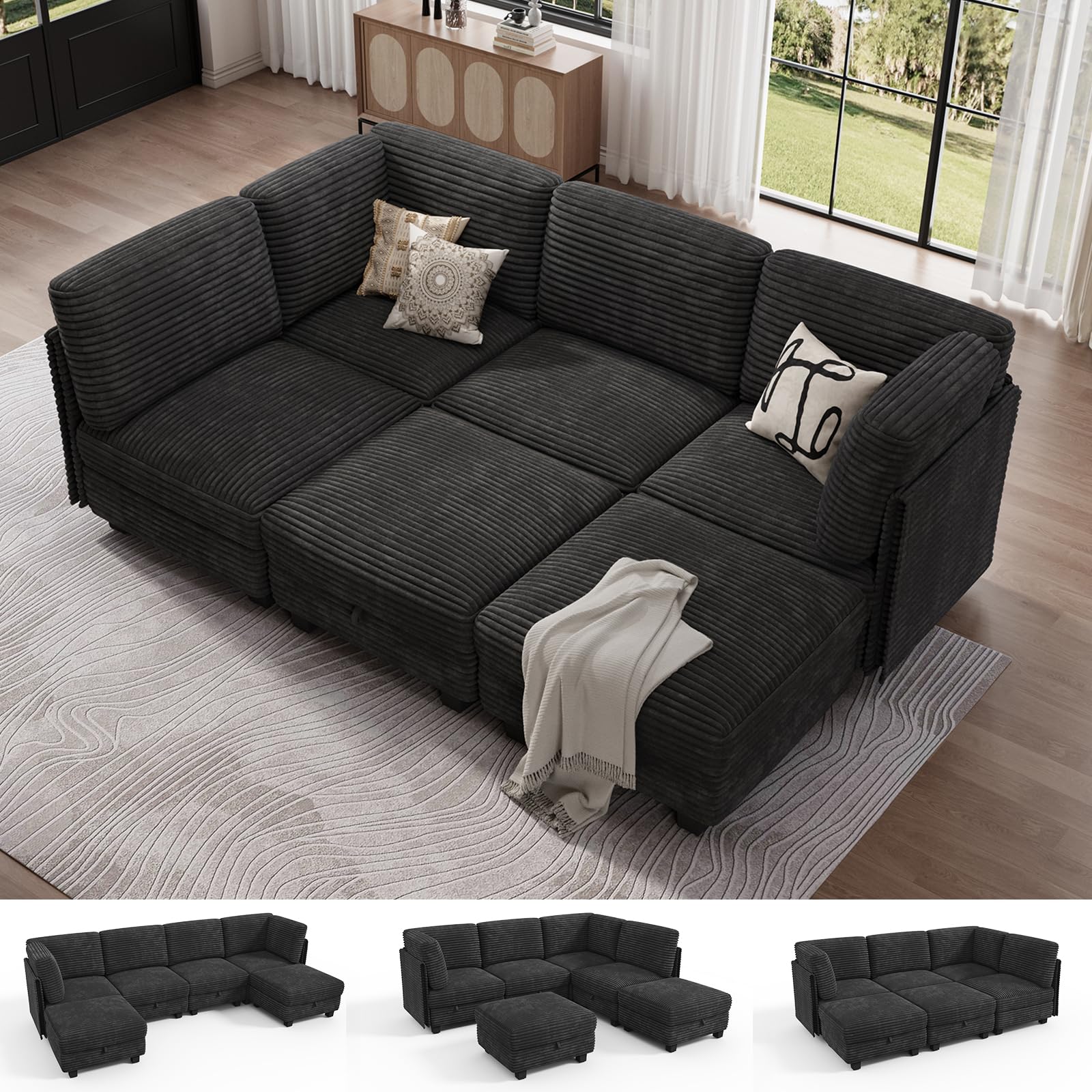 Modular Sectional Cloud Couch, Convertible Sleeper Sofa Bed for Living Room | Flexible L/U-Shaped Design, Freely Adjustable Backrest, Comfortable Foam Cushions, Sturdy Frame, Easy to Assemble, Black