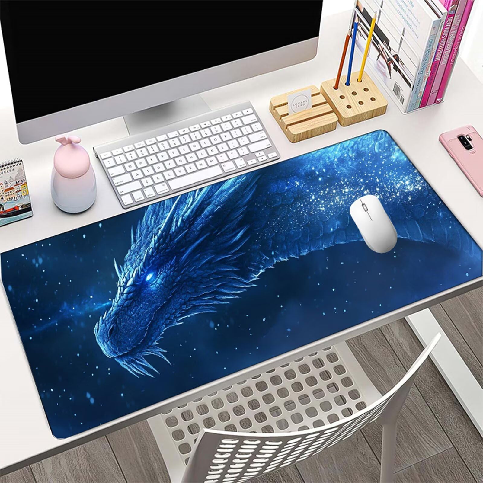 Tappetino Mouse Drago Tappetino Mouse XXL 150x80 cm Mouse Pad Blu Sottomano Scrivania Ufficio Grande, Mousepad Gaming Antiscivolo Impermeabile, Tappeto per Computer e Tastiera, Gamer, Regalo W6-883