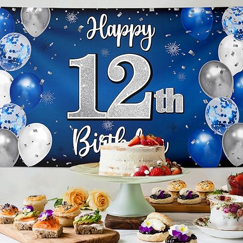 Miniatura 4 de Decoraciones de feliz cumpleaños 12, globo azul y plateado grande cartel de fondo de cumpleaños número 12, suministros para fiesta de cumpleaños de