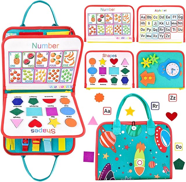 Busy Board Montessori Toys for ToddlerQuiet Book,Sensory Board for Learning Fine Motor Skills, Preschool Educational Toys for 1-6 Year Old Boys Girls Travel (Green)