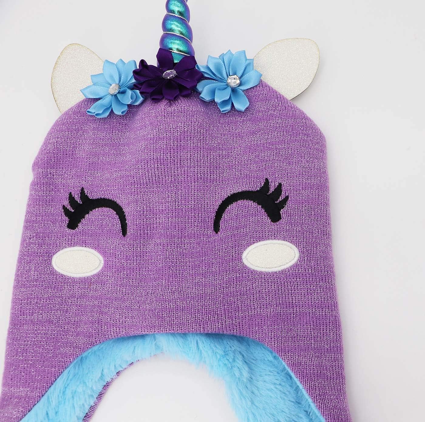 Little Girls Winter Unicorn Beanie Hat and Gloves Set Kids Knitted Earflap Cap Flip Top Mitten Set - Image 6