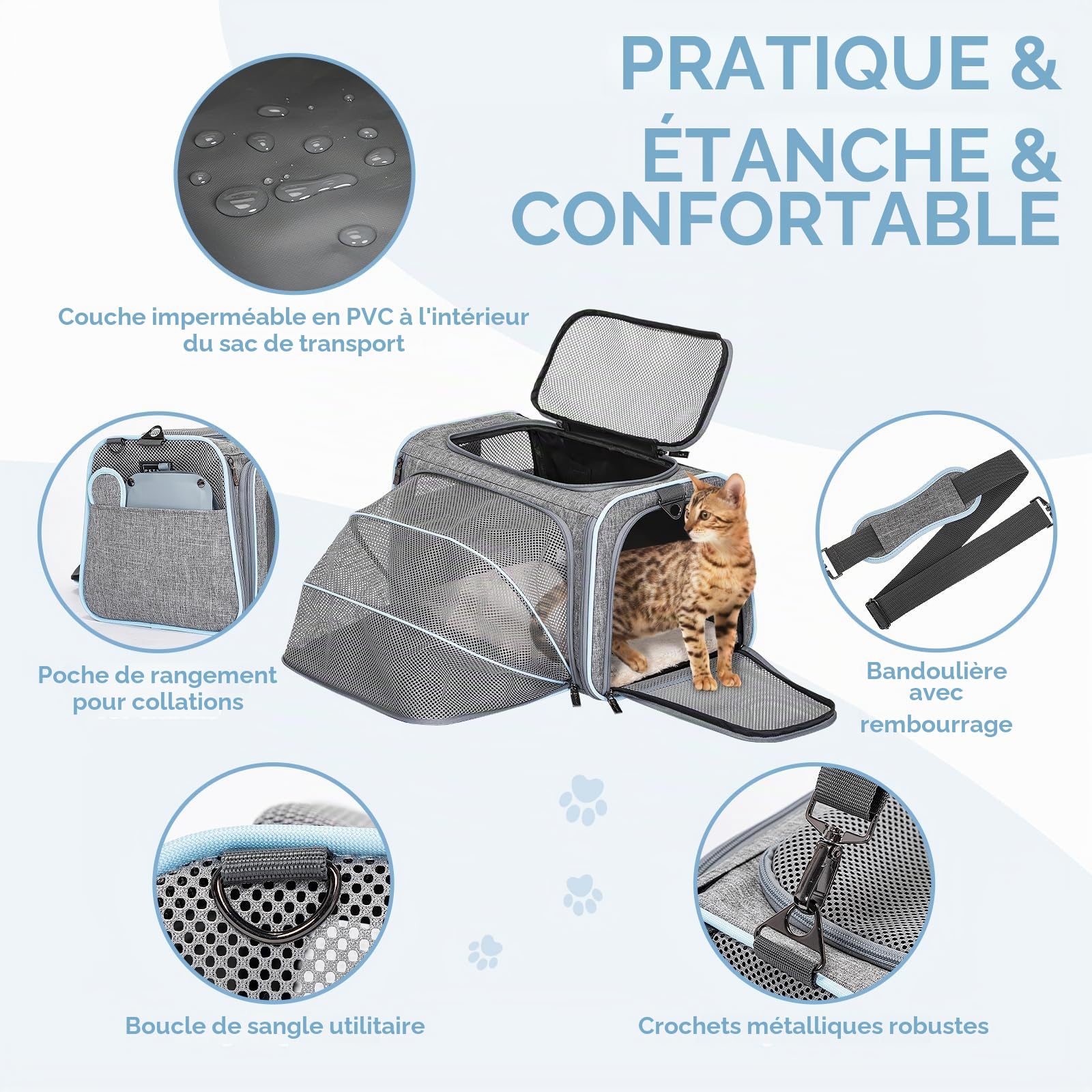 Petsfit Sac Transport Chat Extensible avec Tapis Amovible - Sac de Transport pour Chat/Chien Pliable en Oxford 600D - Sac Transport Chien Extensible des Deux côtés Sécurisé Voiture/Voyage, S/Gris