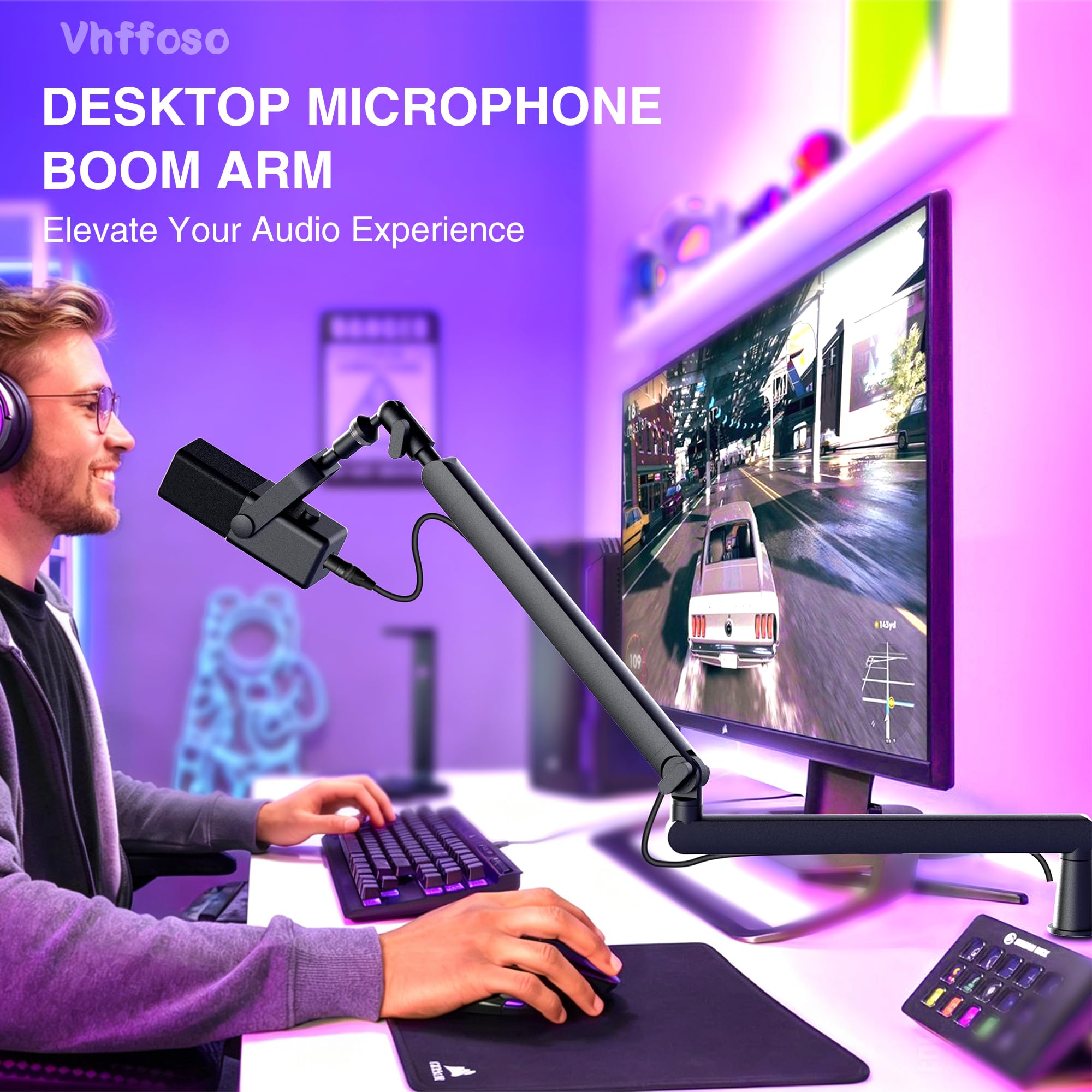 Braccio per microfono a basso profilo, completamente regolabile, per gaming, podcast e registrazione, nero