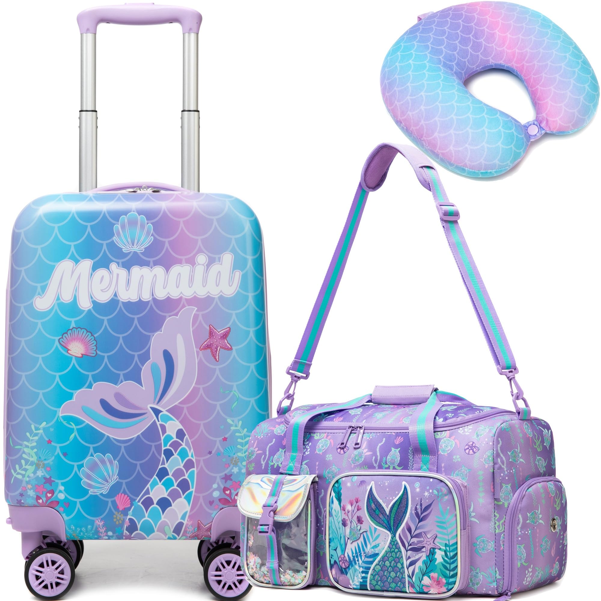 Inprof 3-Piece Luggage Set: 16'' Hardside Spinner Wheels Kids Carry On Suitcase, Duffle Bag, Neck Pillow & Free Luggage Tag - Pink, Mermaid Pattern