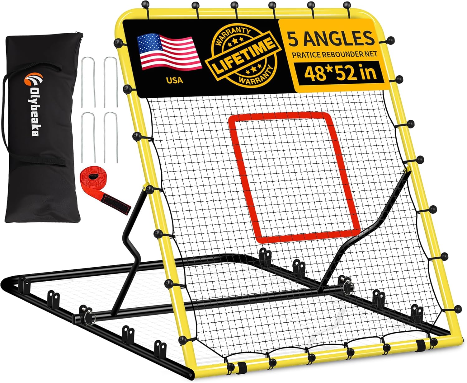 5-Angle Baseball Rebounder Net Bounce Back Net Solo Fielding Trainer 48x52 Inch, Multi-Sport Pitch Back for Ground, Line Drive, Fly Ball with Ultra Stable Frame, 45-PLY Net, Stakes, Carry Bag